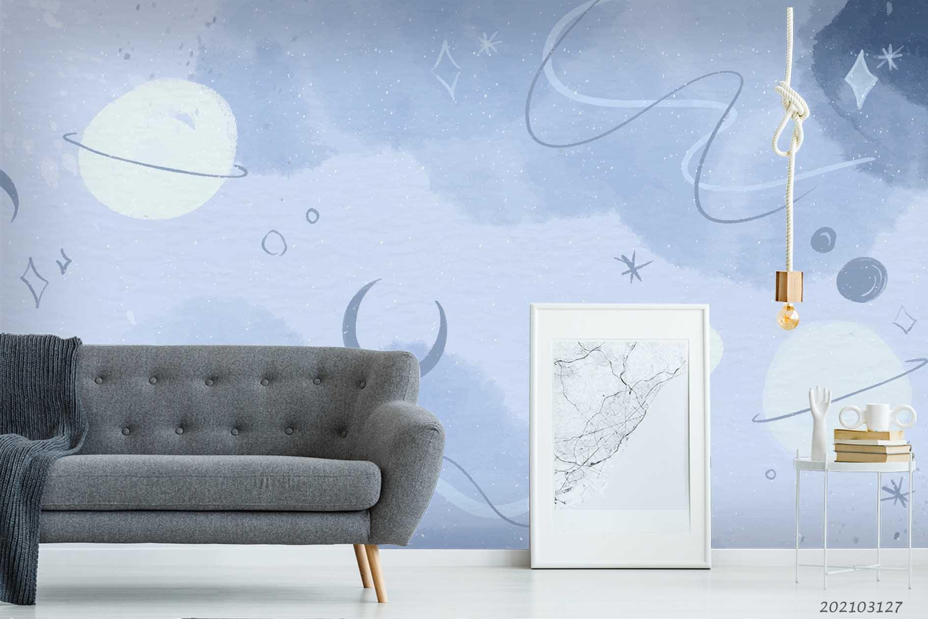 3D Watercolor Blue Space Planet Wall Mural Wallpaper LQH 42- Jess Art Decoration