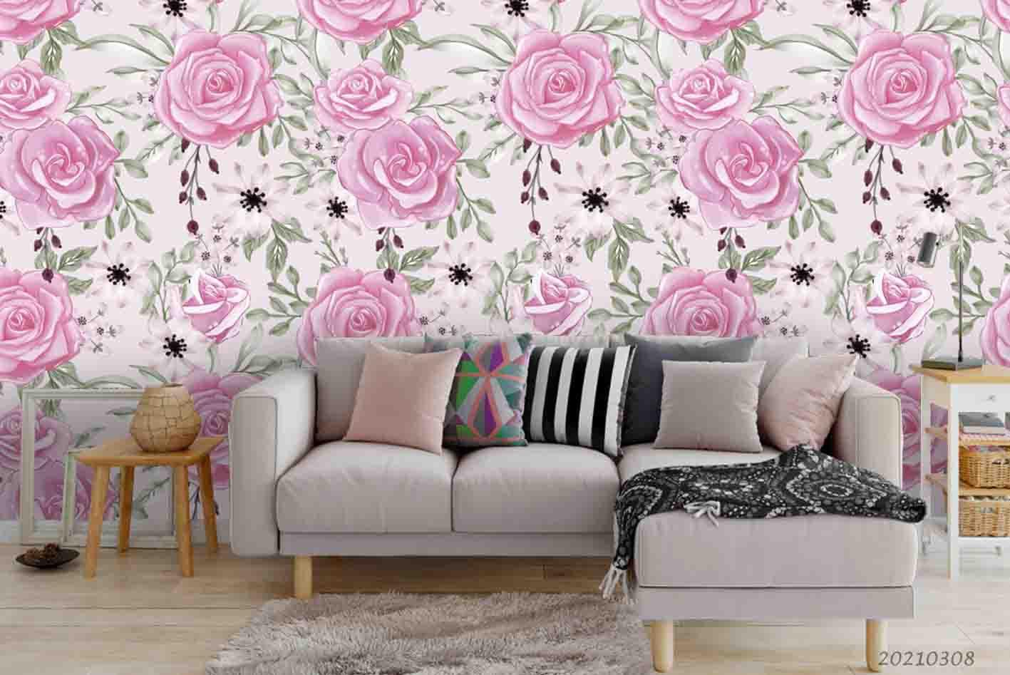 3D Hand Drawn Pink Rose Floral Wall Mural Wallpaper LQH 1- Jess Art Decoration