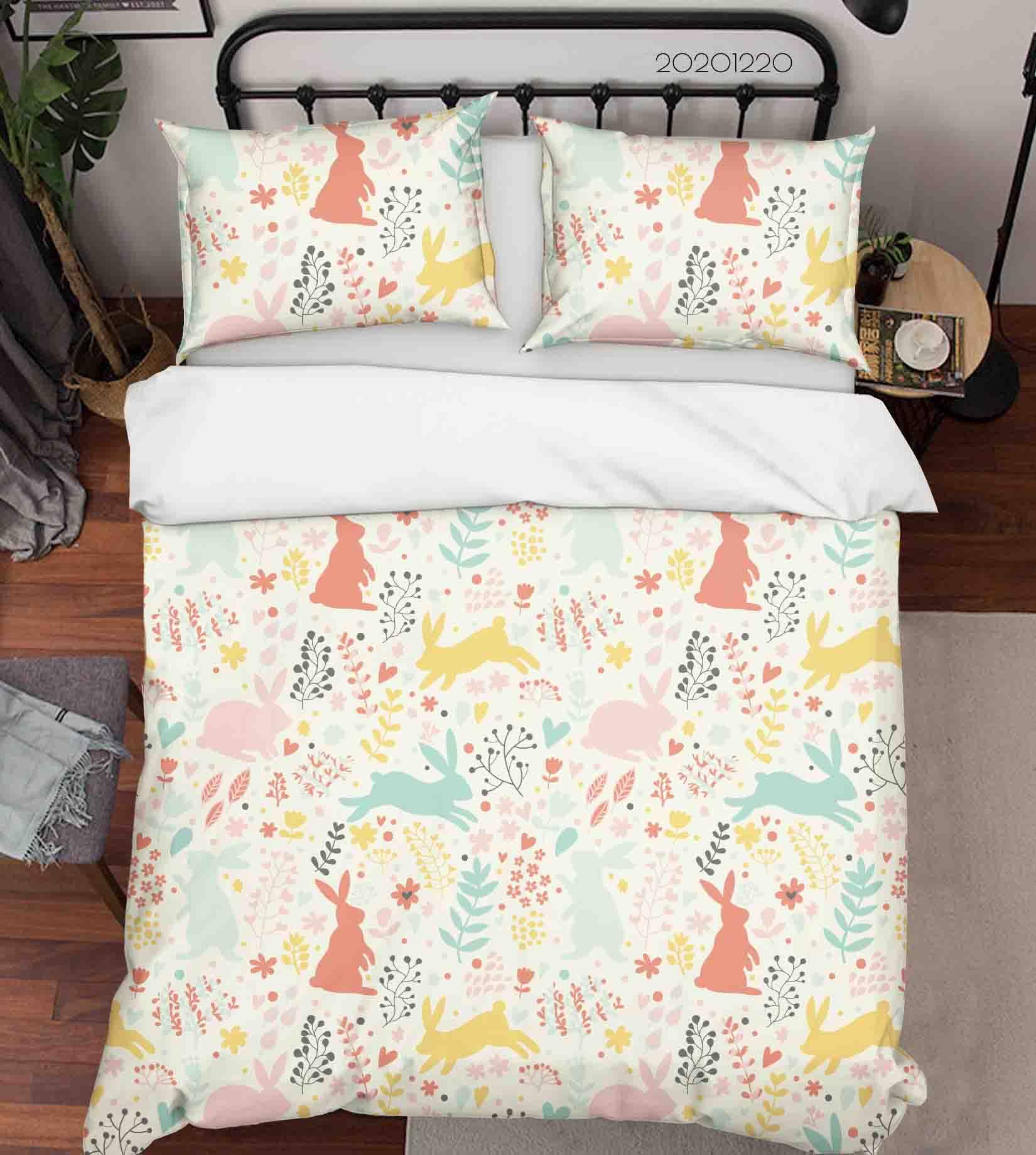 3D Hand Drawn Animal Bunny Leaf Color Quilt Cover Set Bedding Set Duvet Cover Pillowcases 105- Jess Art Decoration