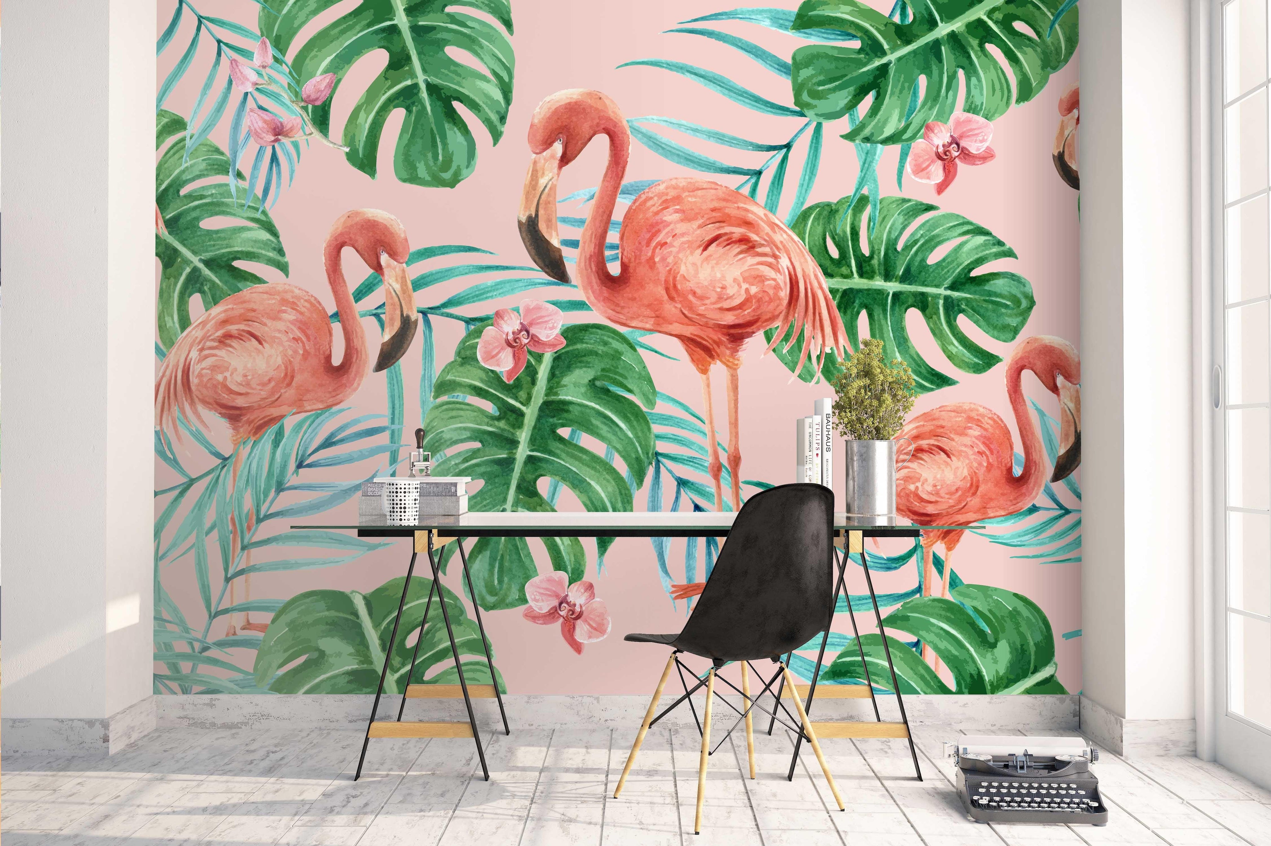 3D Watercolor Flamingo Palm Leaves Wall Mural Wallpaper 34- Jess Art Decoration