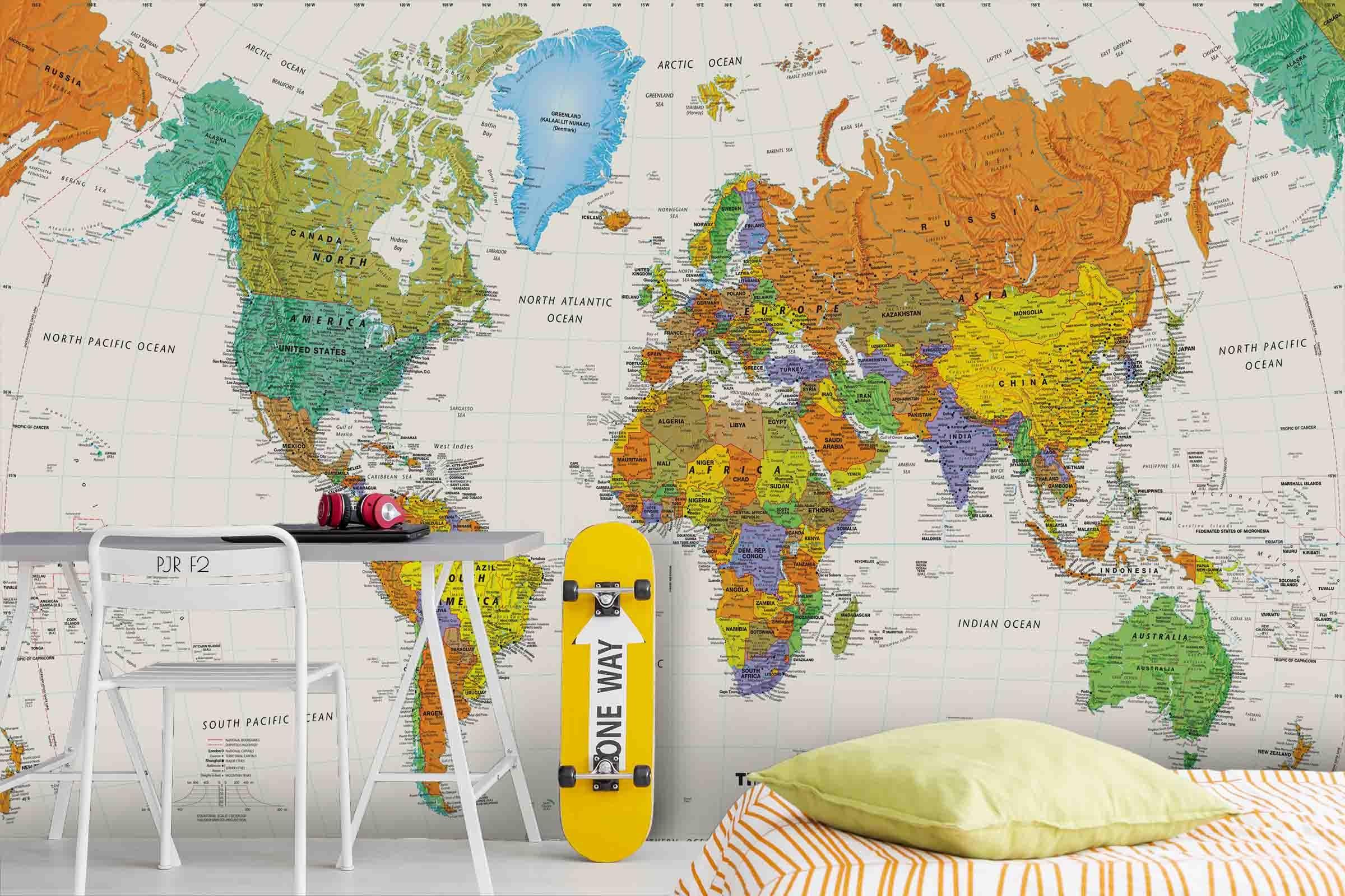 3D Colourful World Map Wall Mural Wallpaper WJ 2174- Jess Art Decoration