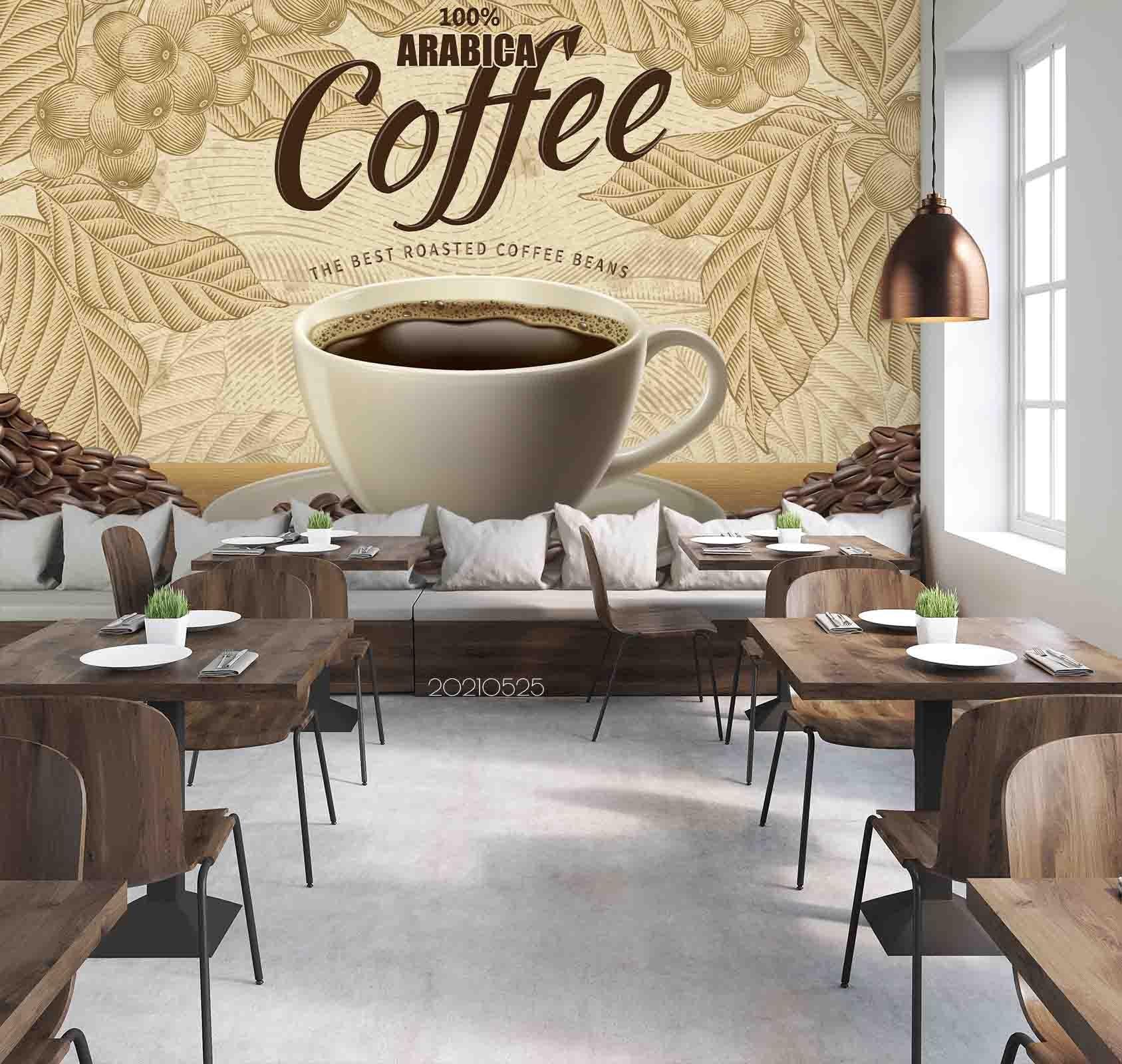 3D White Cup Letters Coffee Tropical Palm Mural Wallpaper SWW9- Jess Art Decoration