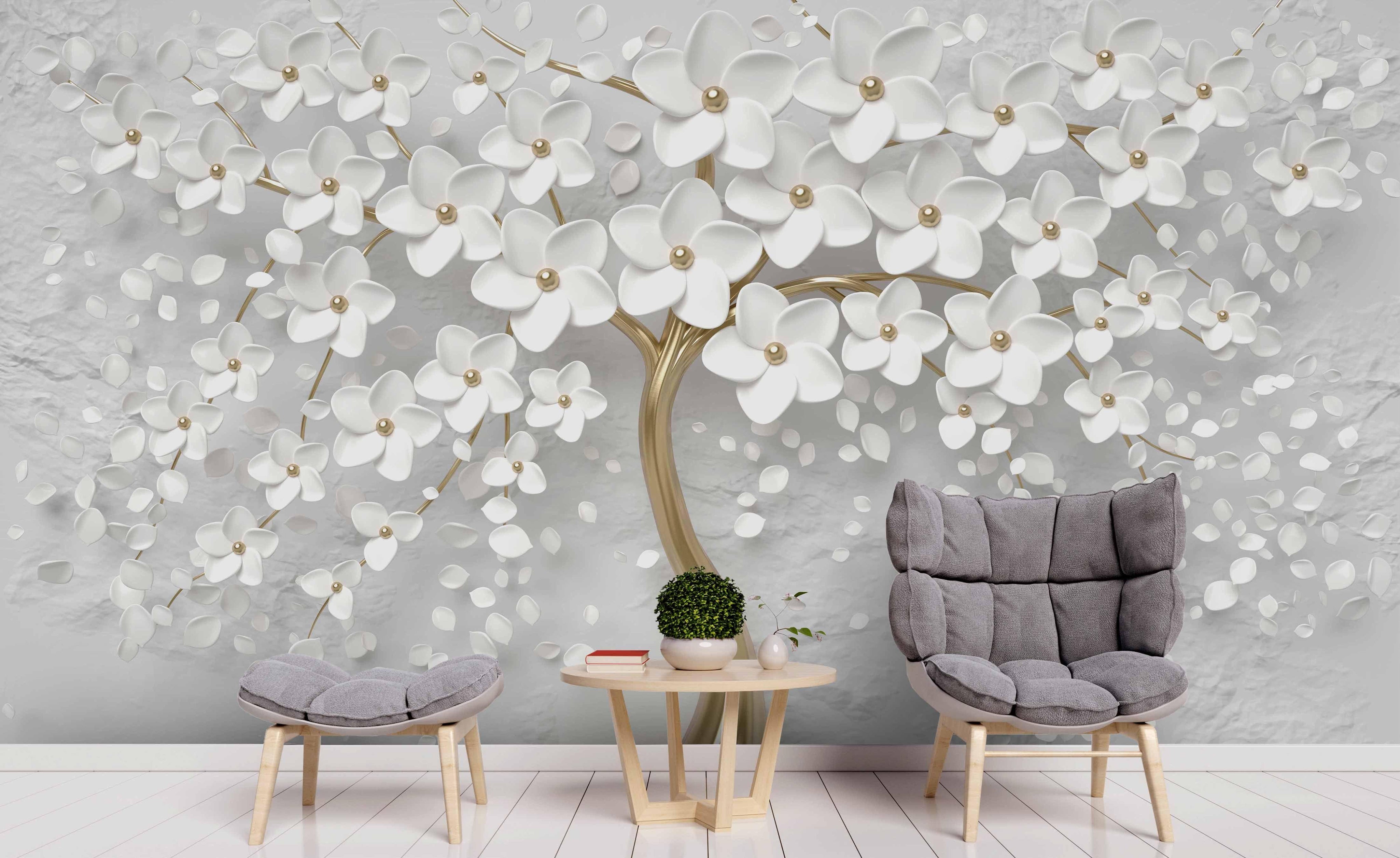 3D White Floral Tree Relief Wall Mural Wallpaper 122- Jess Art Decoration