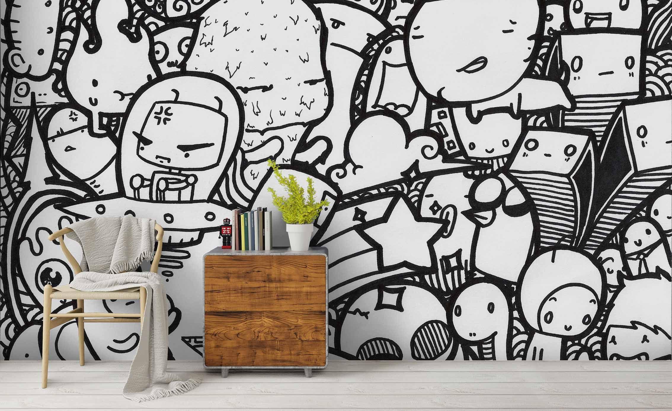 3D Black White Graffiti Art Cartoon Character Wall Mural Wallpaper ZY D19- Jess Art Decoration