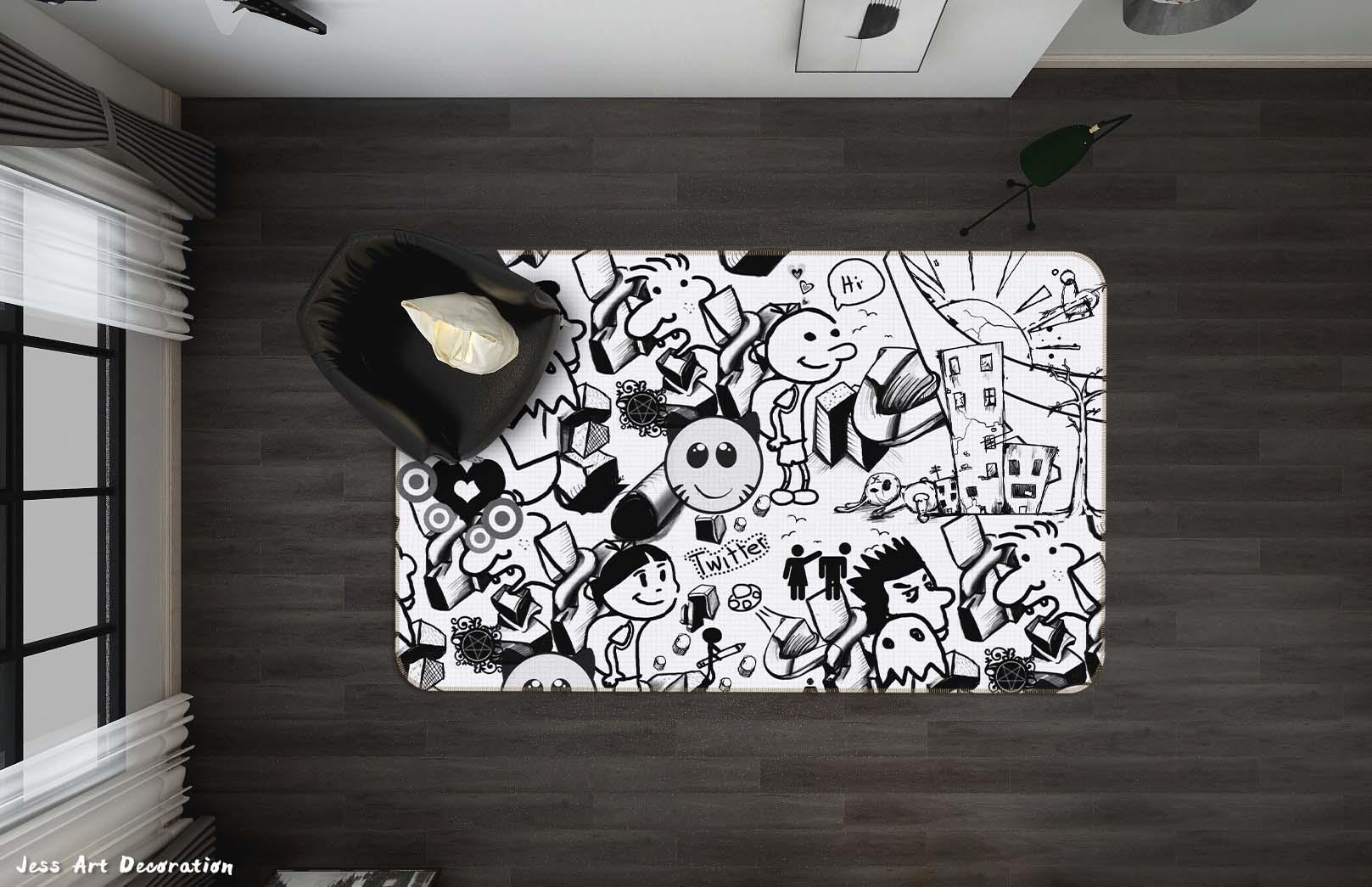 3D Black White Cartoon Graffiti Non-Slip Rug Mat A059 LQH- Jess Art Decoration