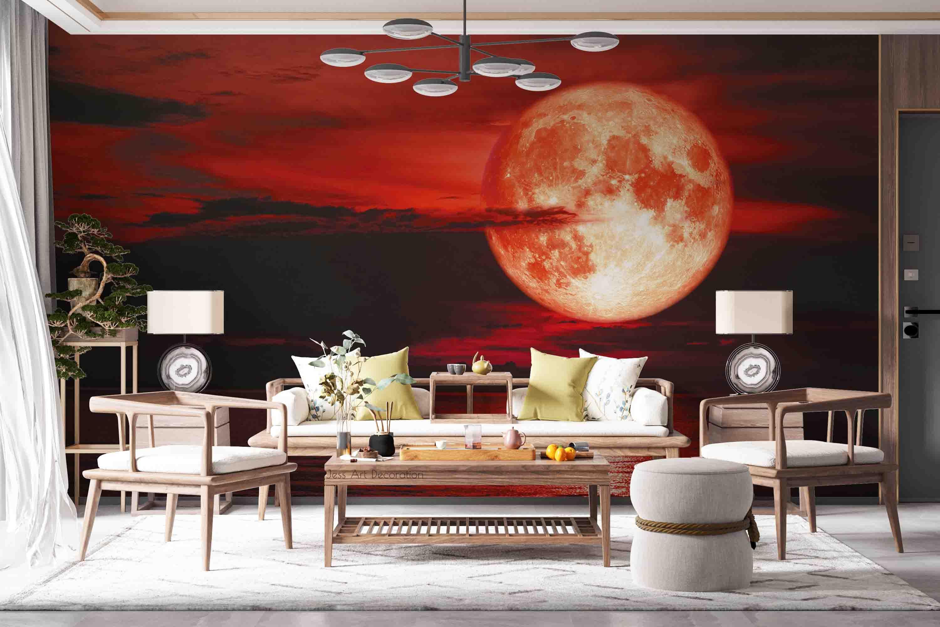 3D Red Full Moon Sky Cloud Sea Surface Scenery Wall Mural Wallpaper GD 2827- Jess Art Decoration