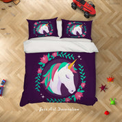 3D Dark Purple Floral Unicorn Quilt Cover Set Bedding Set Duvet Cover Pillowcases SF223- Jess Art Decoration