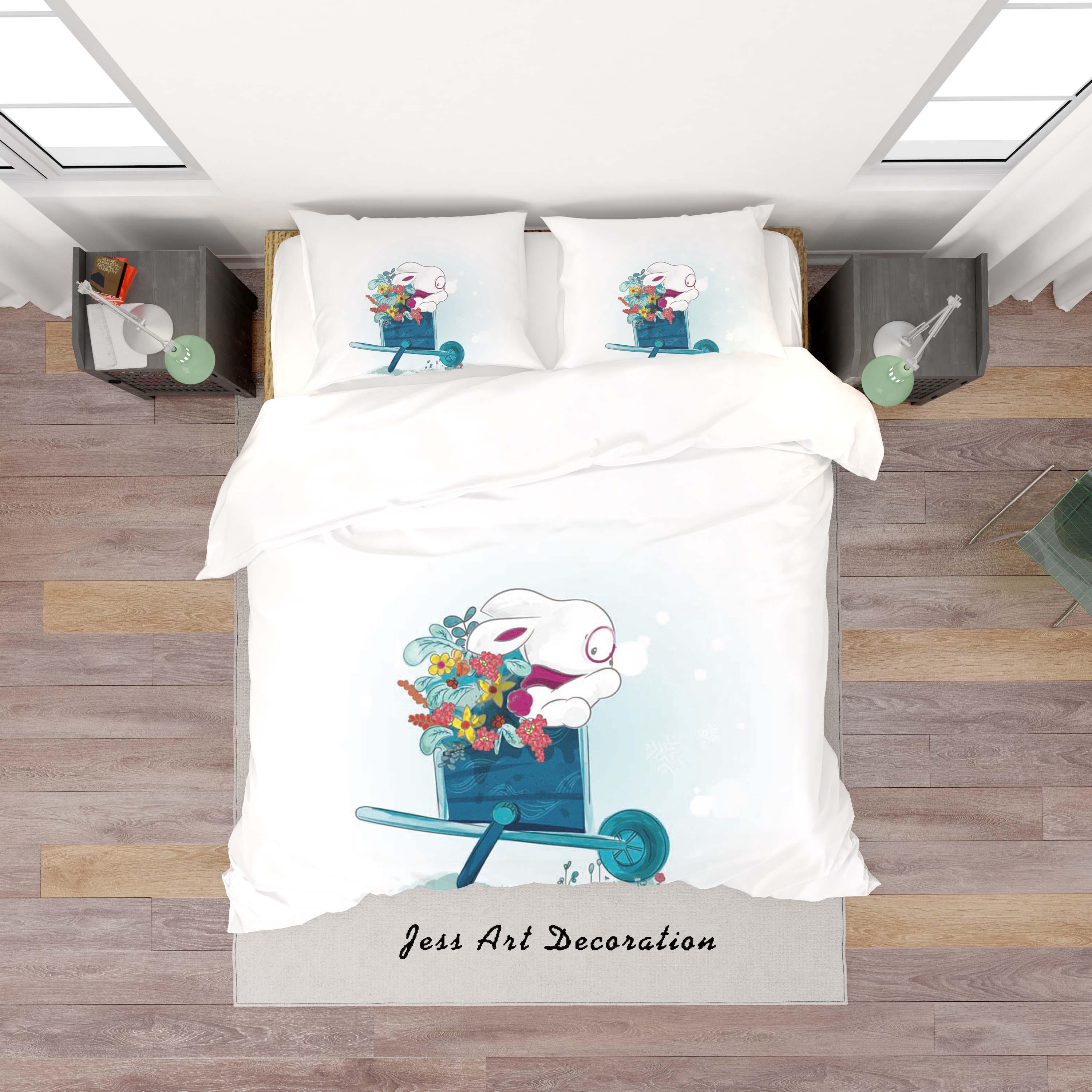 3D White Cartoon Cart Floral Rabbit Quilt Cover Set Bedding Set Duvet Cover Pillowcases SF59- Jess Art Decoration
