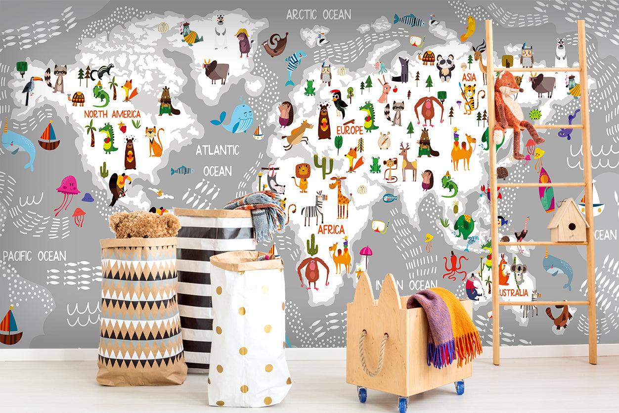 3D Grey Animal World Map Wall Mural Wallpaper LQH 40- Jess Art Decoration