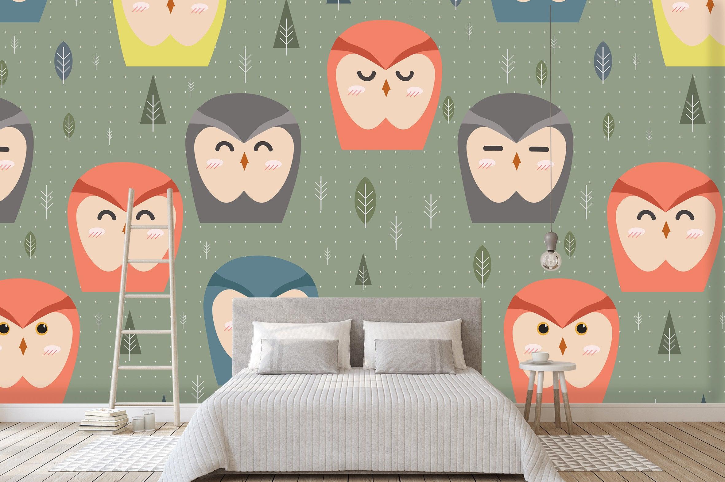 3D Cartoon Colorful Owl Leaves Wall Mural Wallpaper 17- Jess Art Decoration