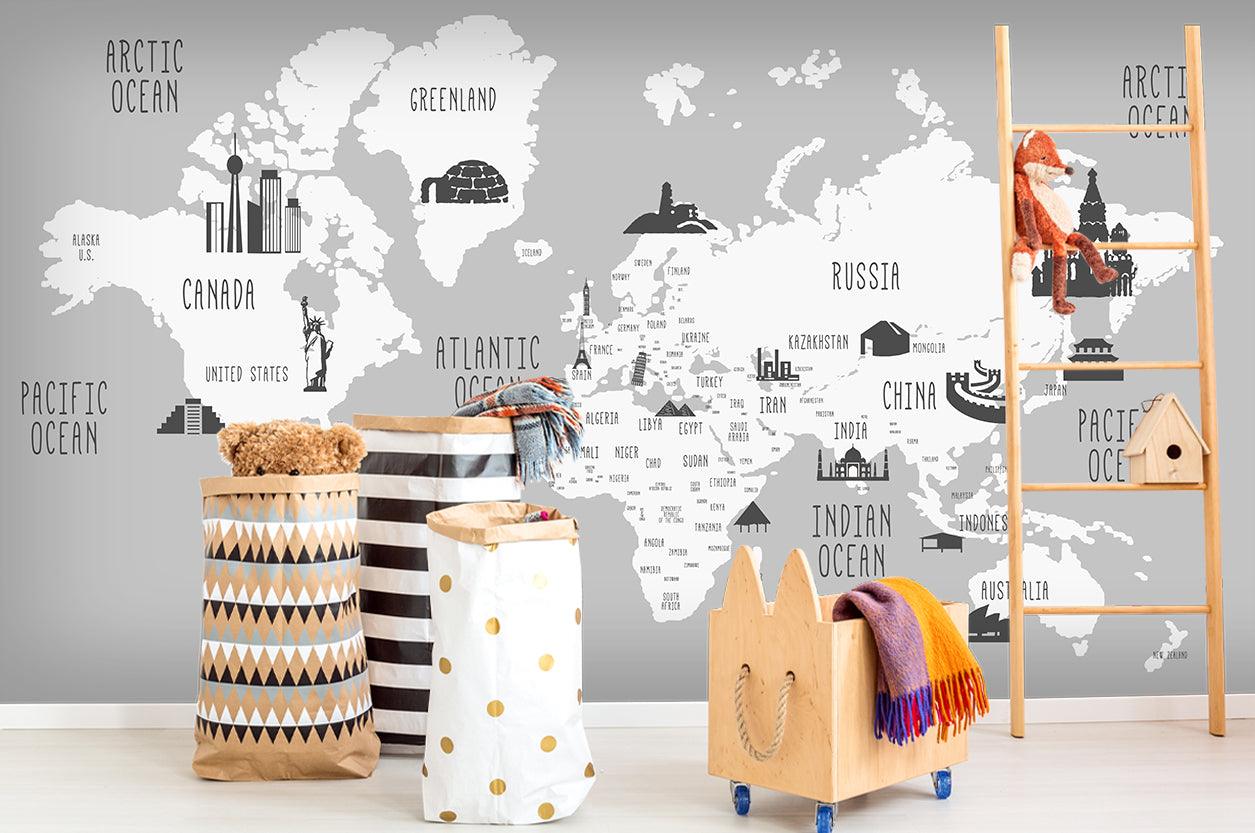 3D Grey Building World Map Wall Mural Wallpaper 36- Jess Art Decoration