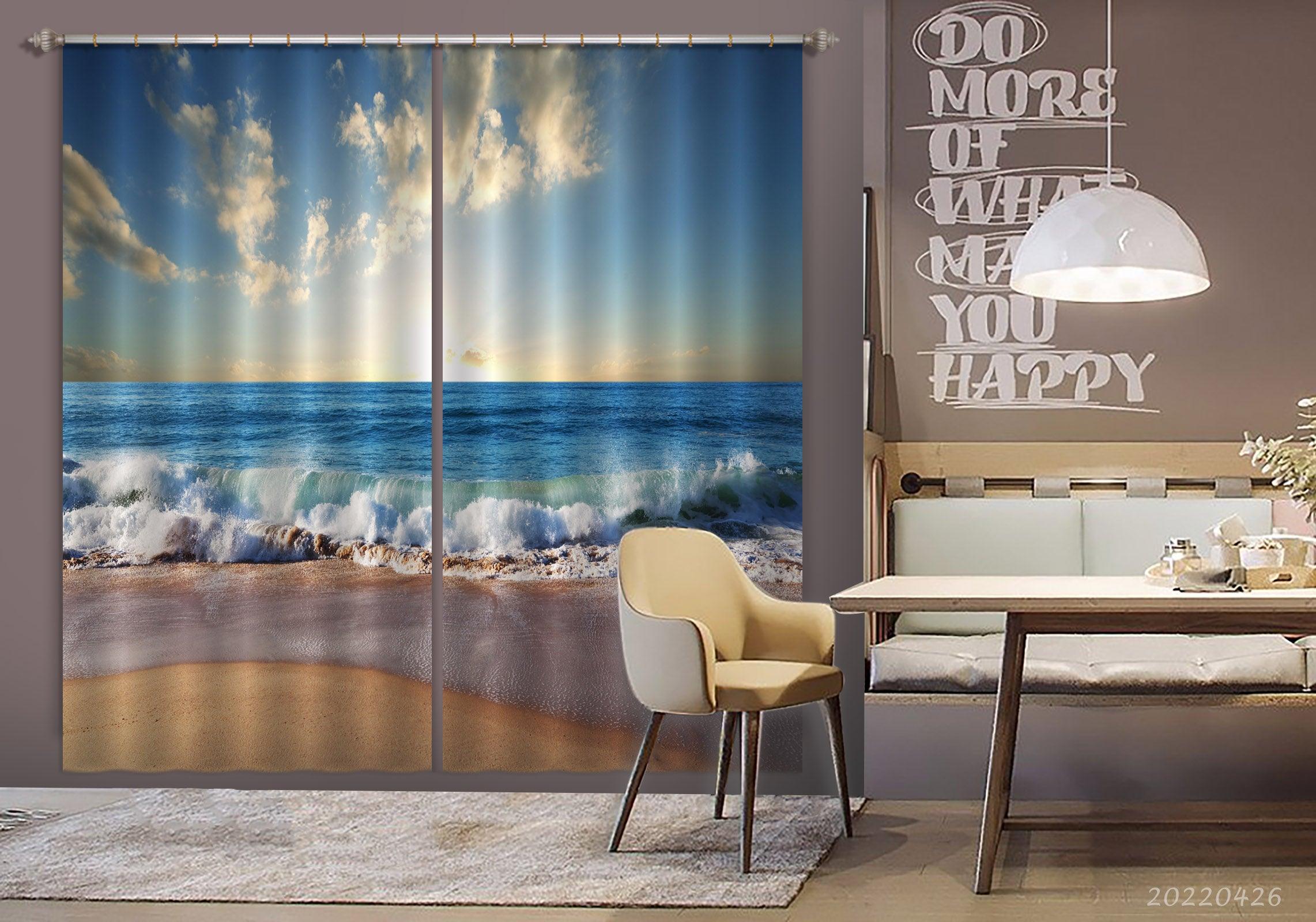 3D Landscape Blue Ocean Beach Golden Skyline Curtains and Drapes GD 4819- Jess Art Decoration