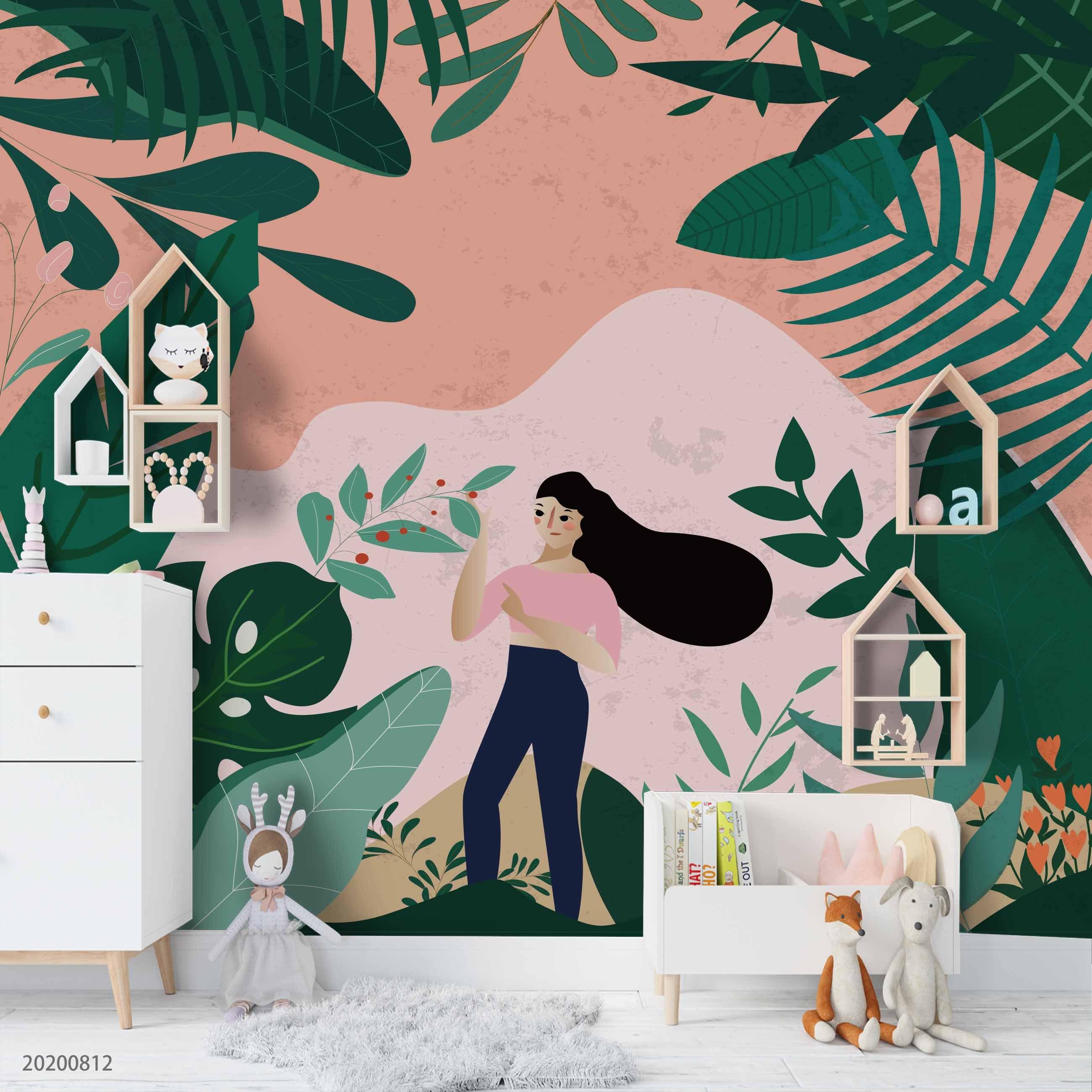 3D Oil Painting Girl Plant Pink Wall Mural Wallpaper LXL 1057- Jess Art Decoration
