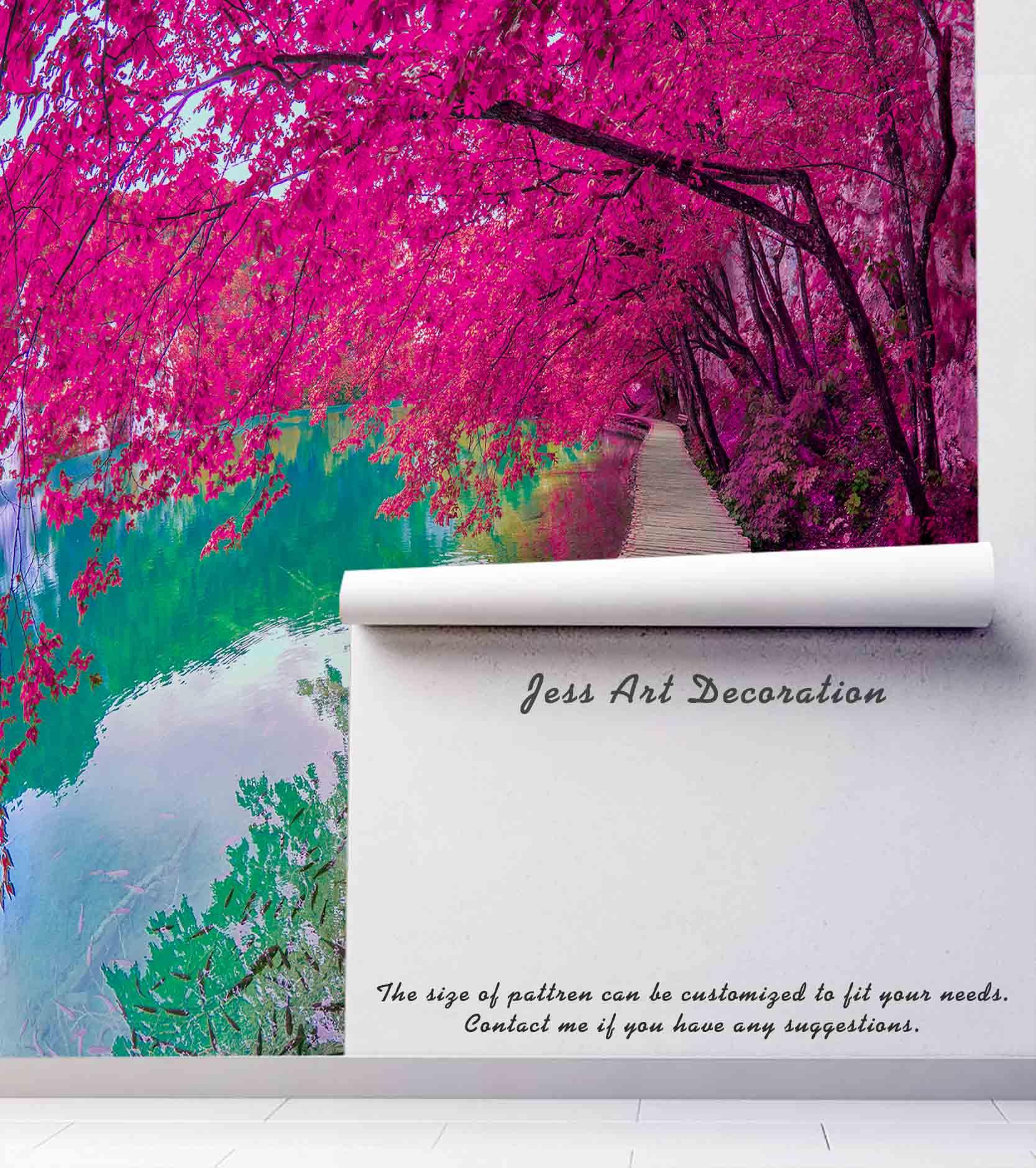 3D Wooden Walkway Forest Blossom River Wall Mural Wallpaper 90- Jess Art Decoration