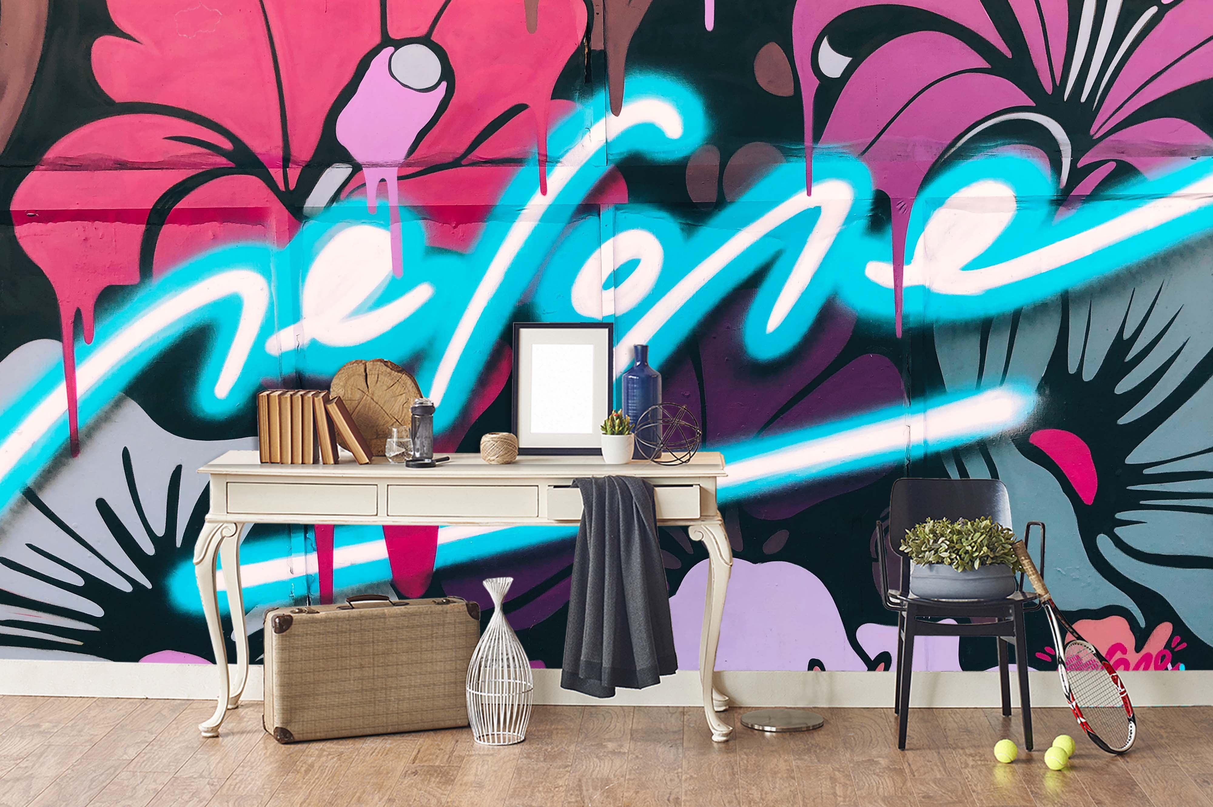 3D Dark Floral Blue Slogan Graffiti Wall Mural Wallpaper 227- Jess Art Decoration