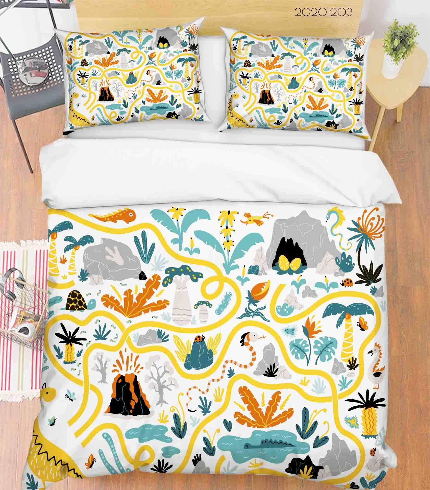 3D Cartoon Hand Drawn Colorful Dinosaur Plant Illustration Animal Quilt Cover Set Bedding Set Duvet Cover Pillowcases LXL- Jess Art Decoration