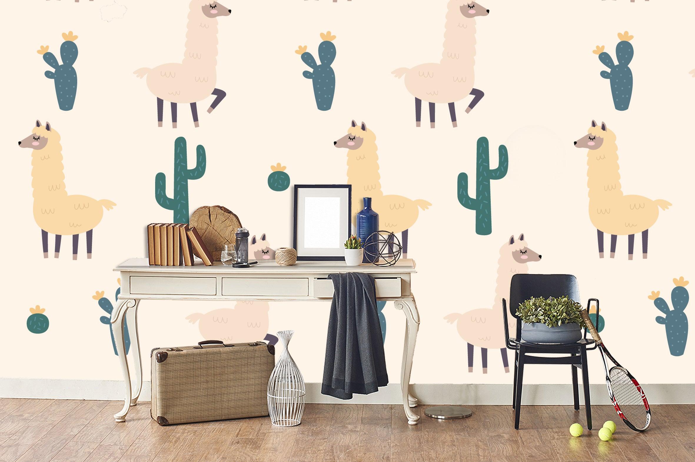 3D Cartoon Alpaca Cactus Wall Mural Wallpaper 33- Jess Art Decoration
