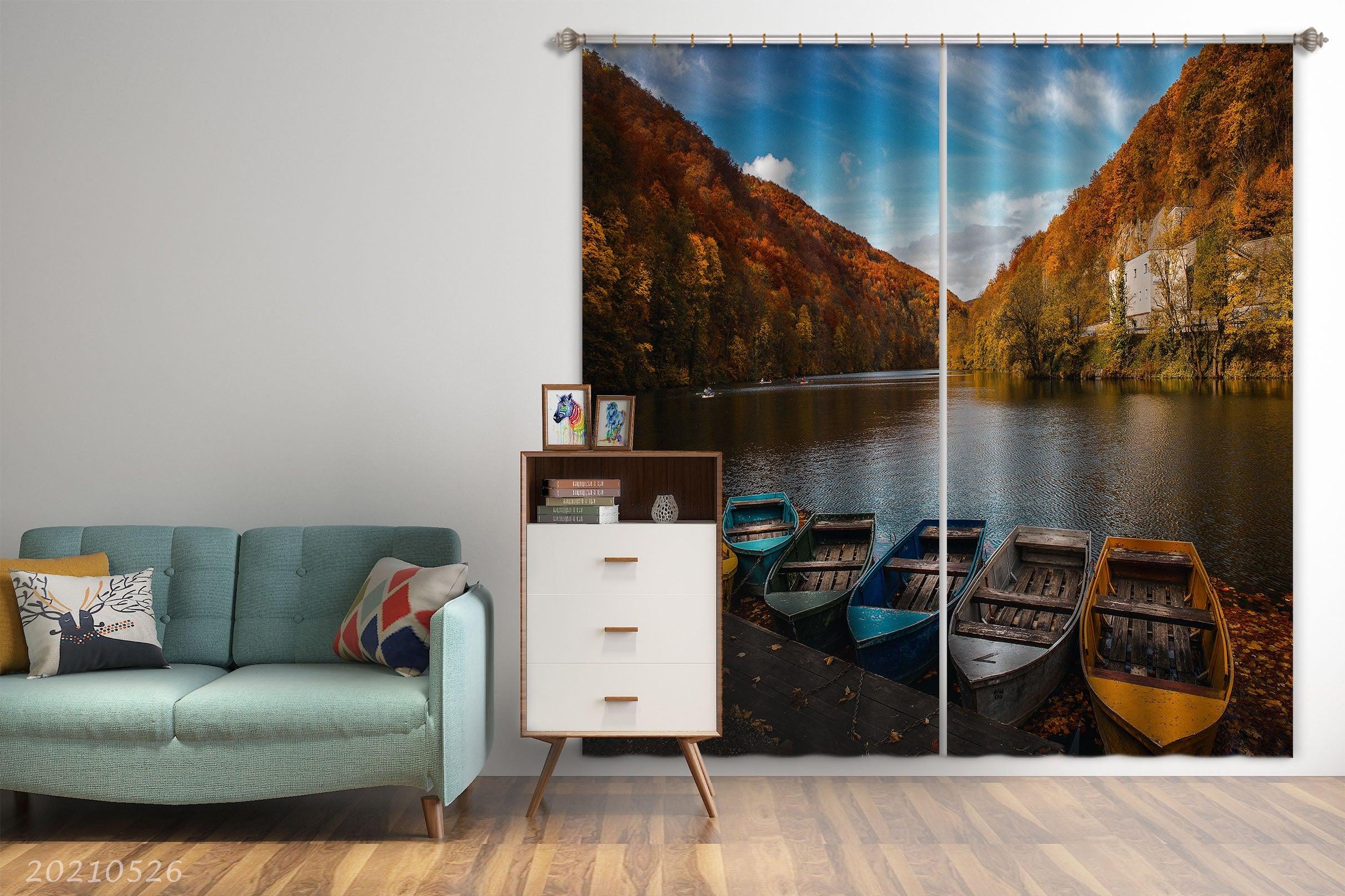 3D Autumn Golden Mountain Forest River Boat Curtains and Drapes GD 465- Jess Art Decoration