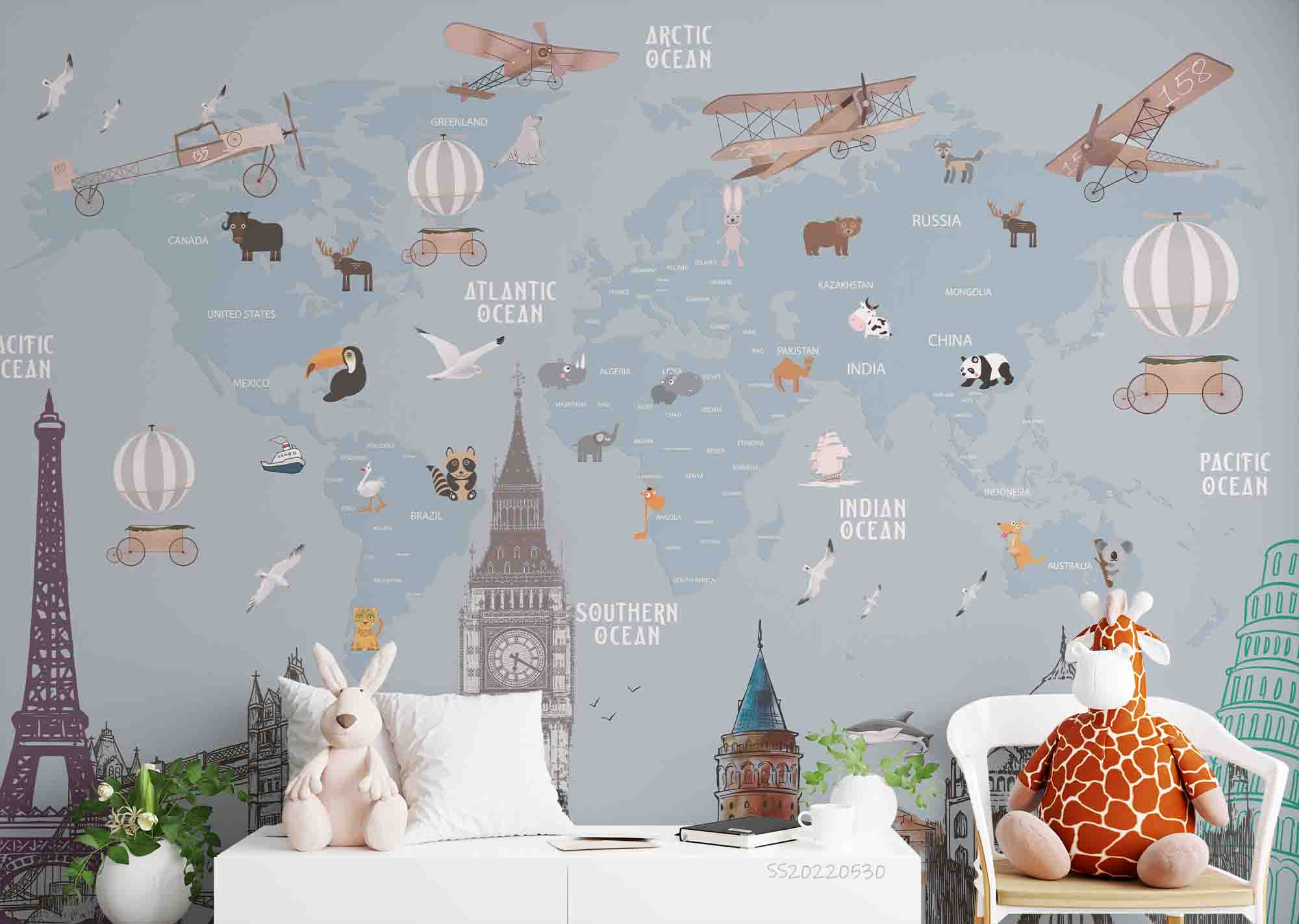 3D Cartoon Retro Airplane Animal Balloon Sky Wall Mural Wallpaper GD 3- Jess Art Decoration