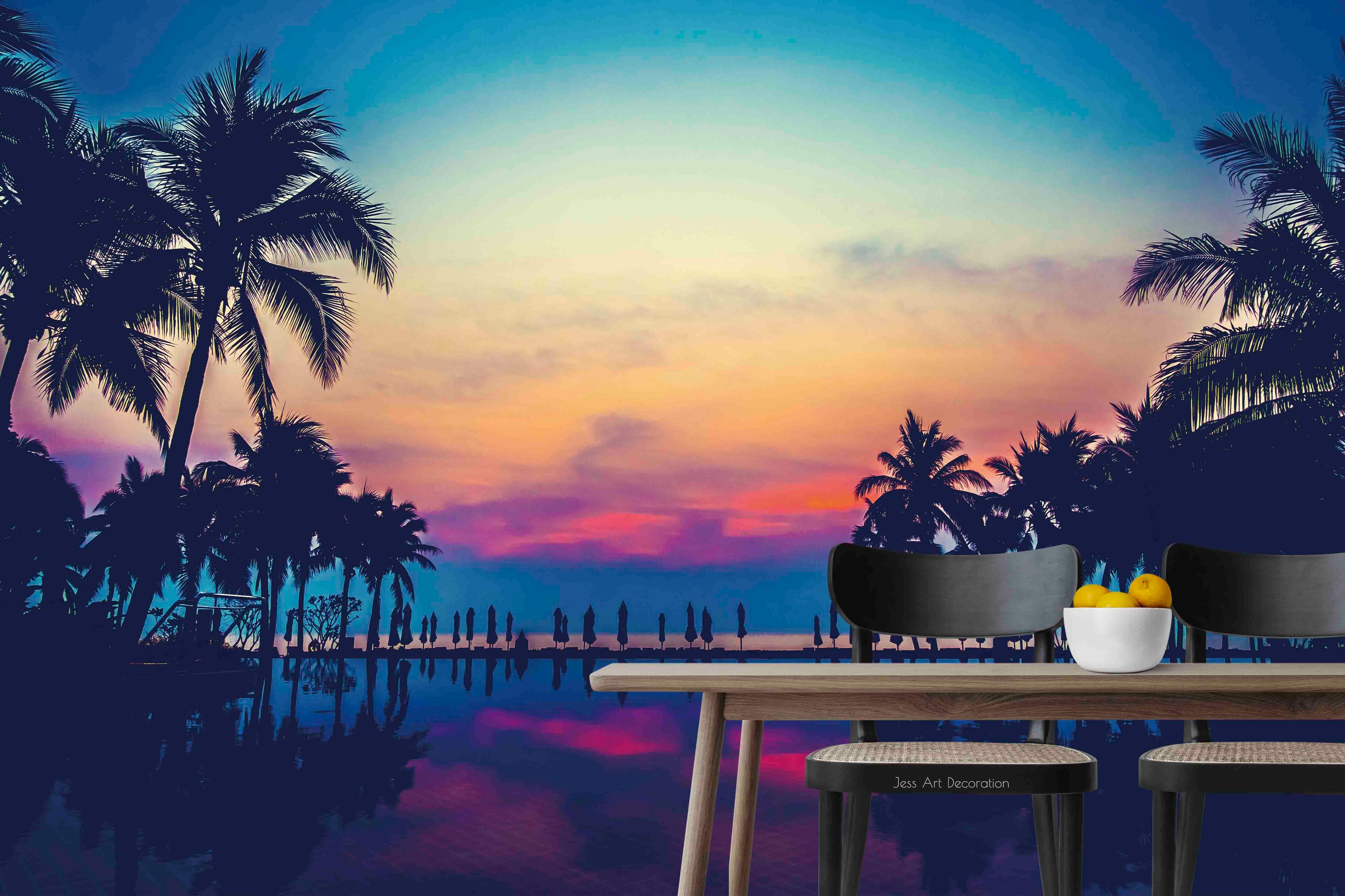 3D Coconut Tree Water Surface Red Sky Landscape Wall Mural Wallpaper GD 2954- Jess Art Decoration