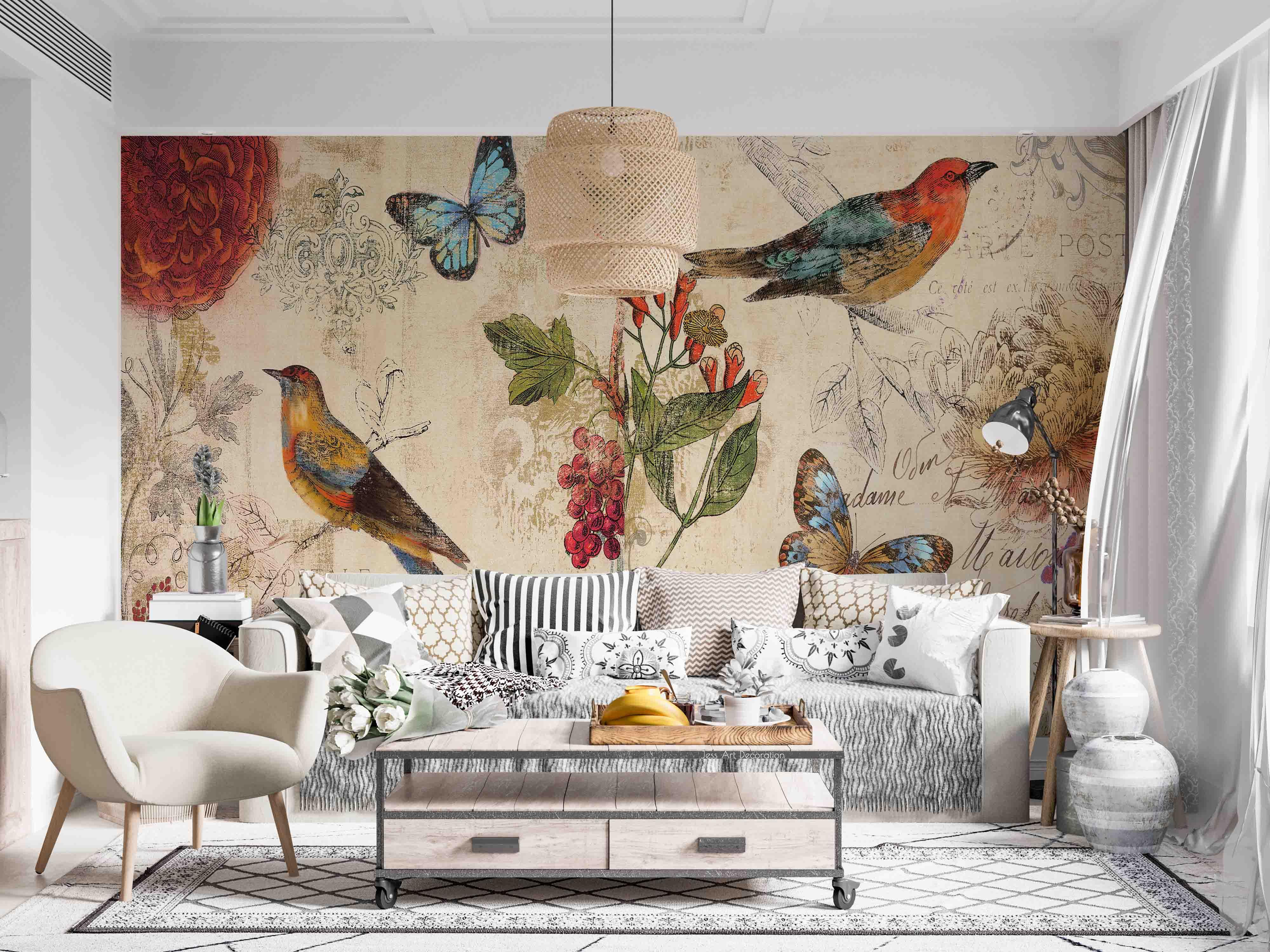 3D Vintage Bird Butterfly nostalgic bird butterfly mural wall mural wallpaper for living room