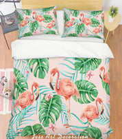 3D Flamingo Green Leaves Quilt Cover Set Bedding Set Pillowcases 172- Jess Art Decoration