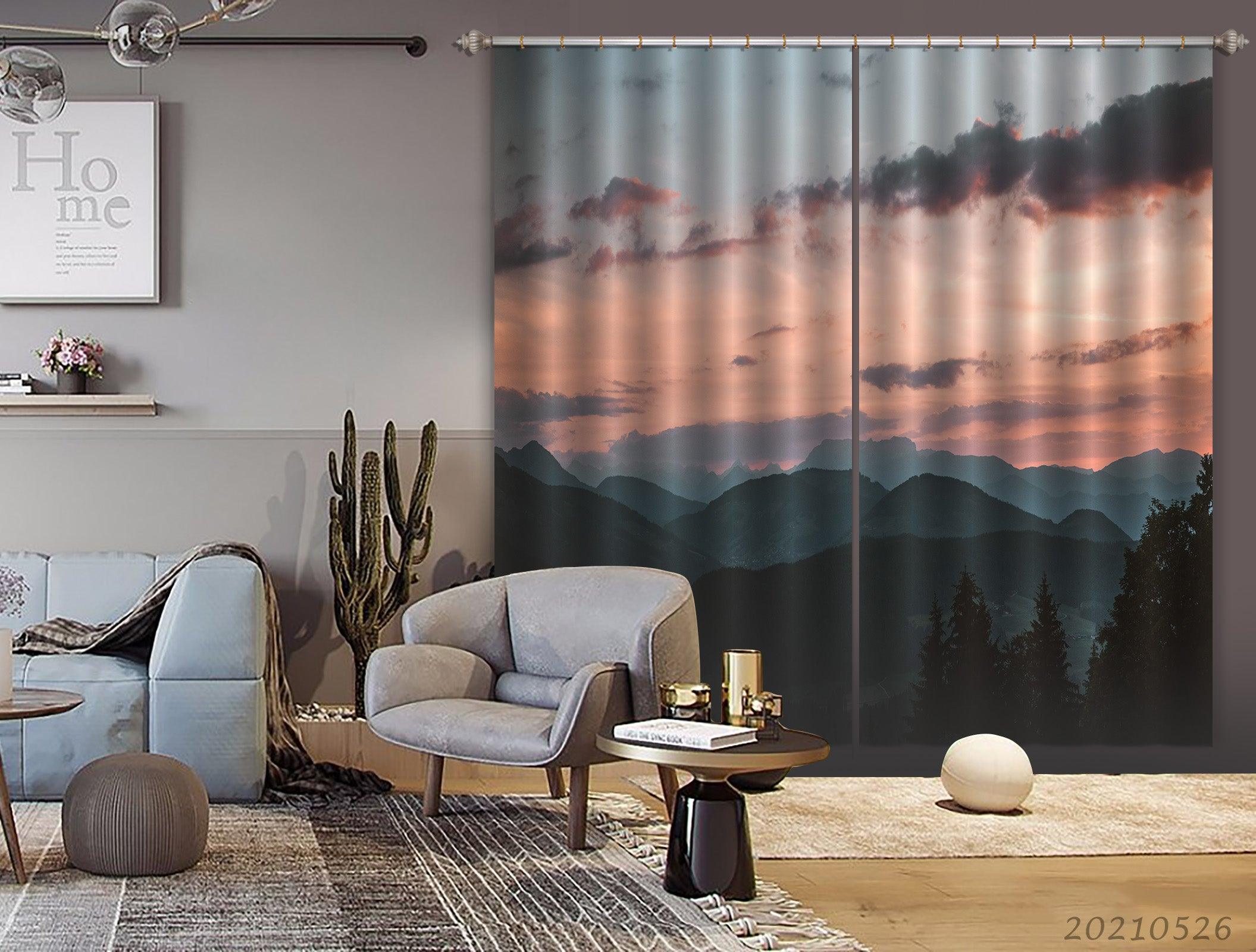 3D Black Mountain Peak Woods Red Sky Cloud Curtains and Drapes GD 254- Jess Art Decoration