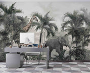 3D Tropical Jungle Palm Tree Giraffe Elephant Wall Mural Wallpaper GD 845- Jess Art Decoration
