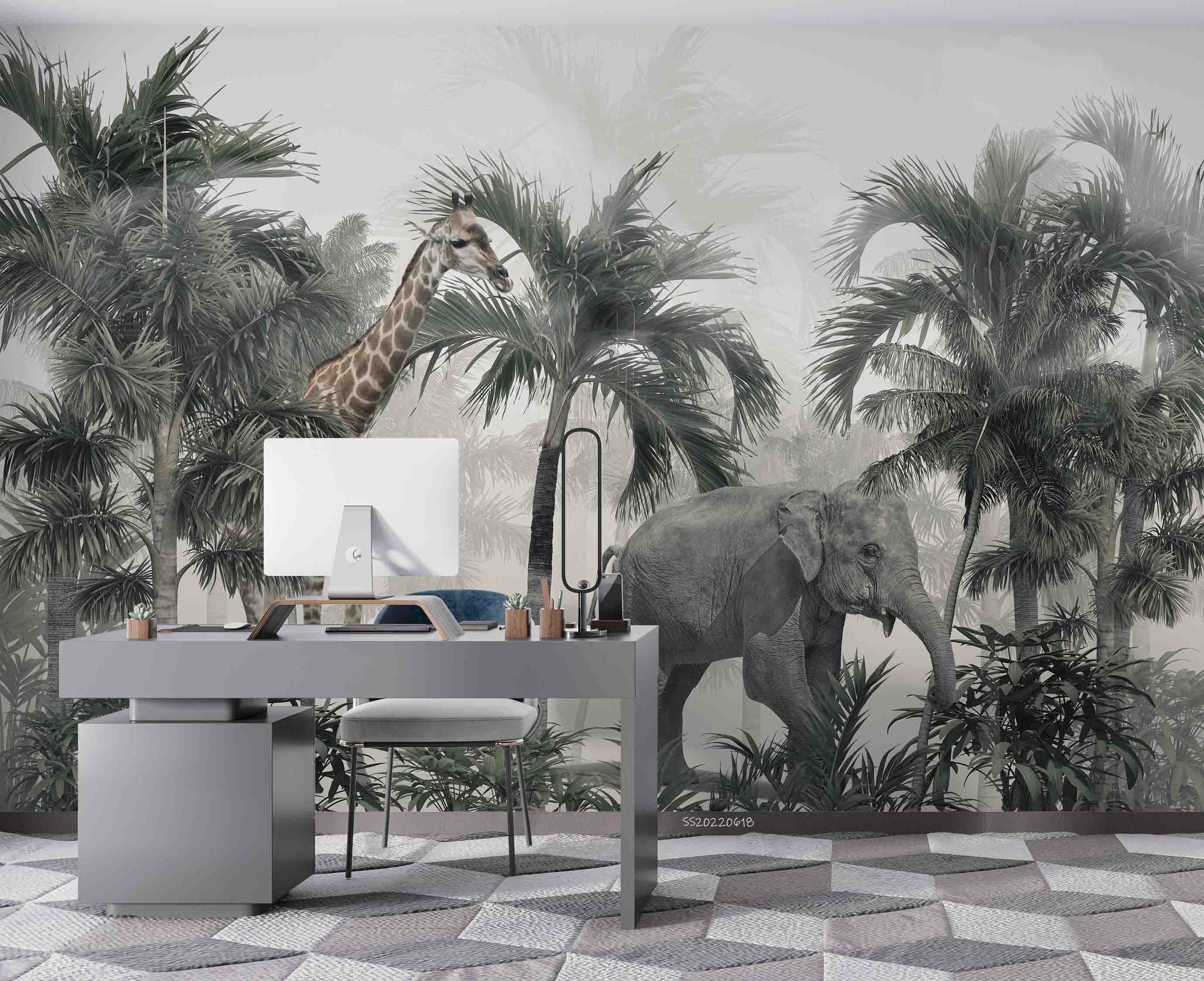 3D Tropical Jungle Palm Tree Giraffe Elephant Wall Mural Wallpaper GD 845- Jess Art Decoration