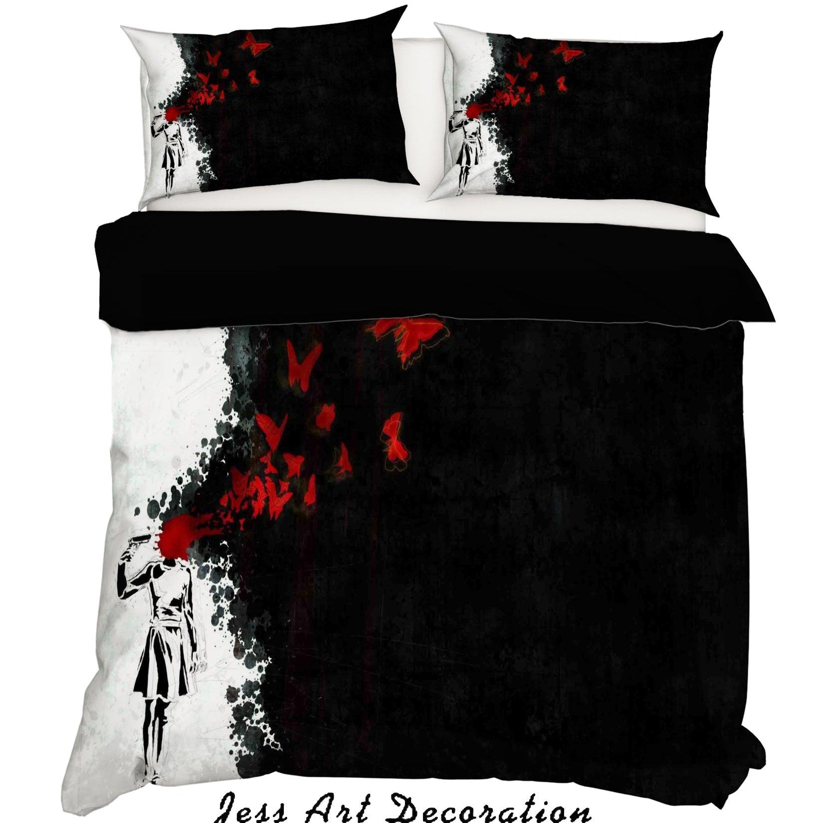 3D Banksy Mural Red Blood Butterfly Black White Quilt Cover Set Bedding Set Duvet Cover Pillowcases  ZY D121- Jess Art Decoration