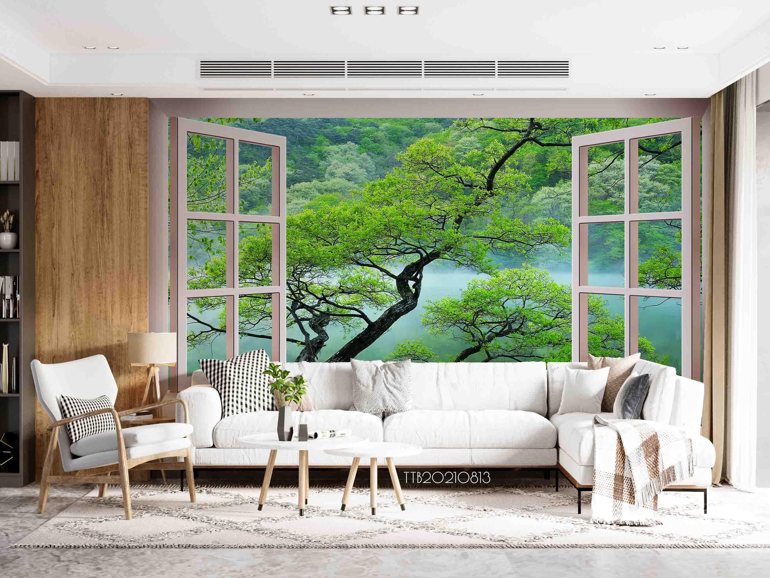 3D Window Forest Lakes Tree Wall Mural Wallpaper SWW5117- Jess Art Decoration