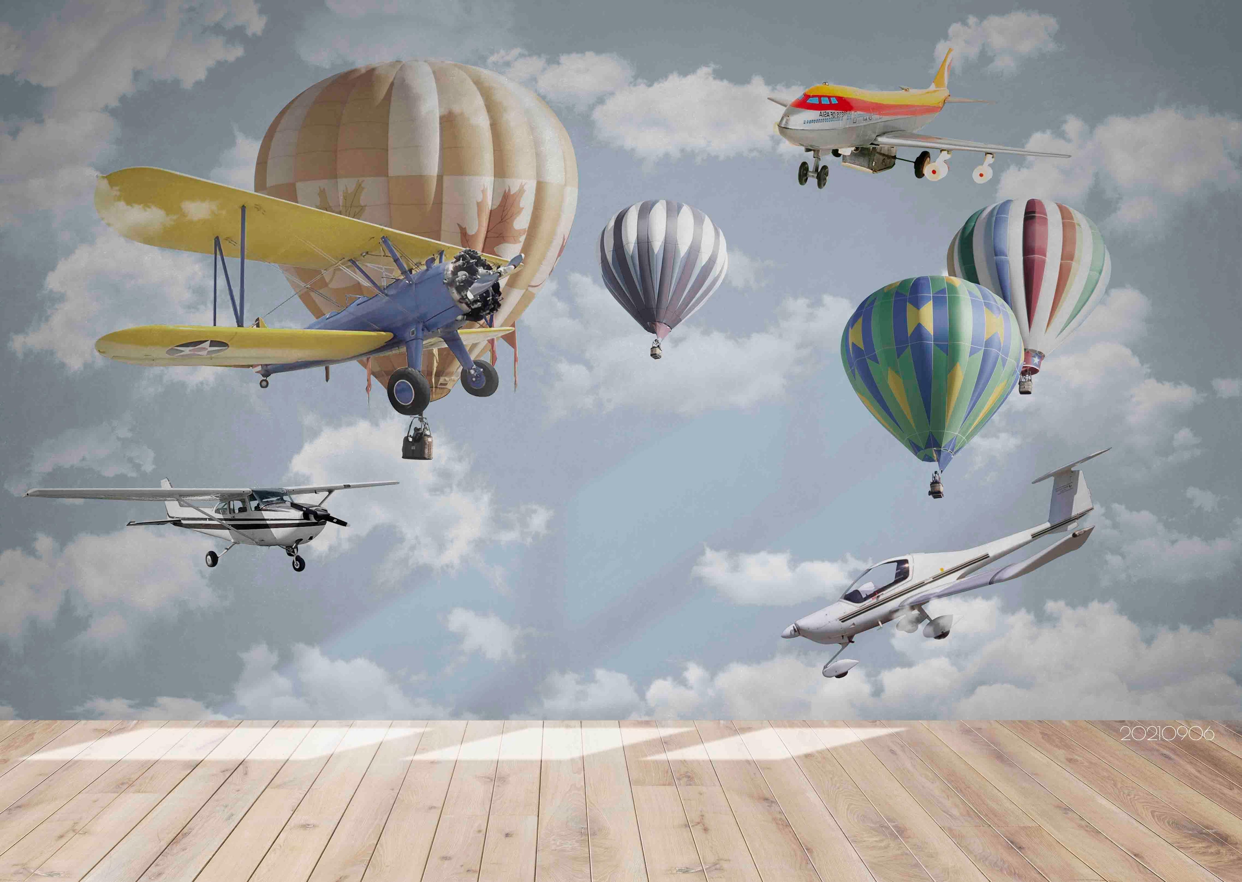 3D Airplane Balloon Sky airplane hot air balloon mural wall mural wallpaper for kids room - view 4