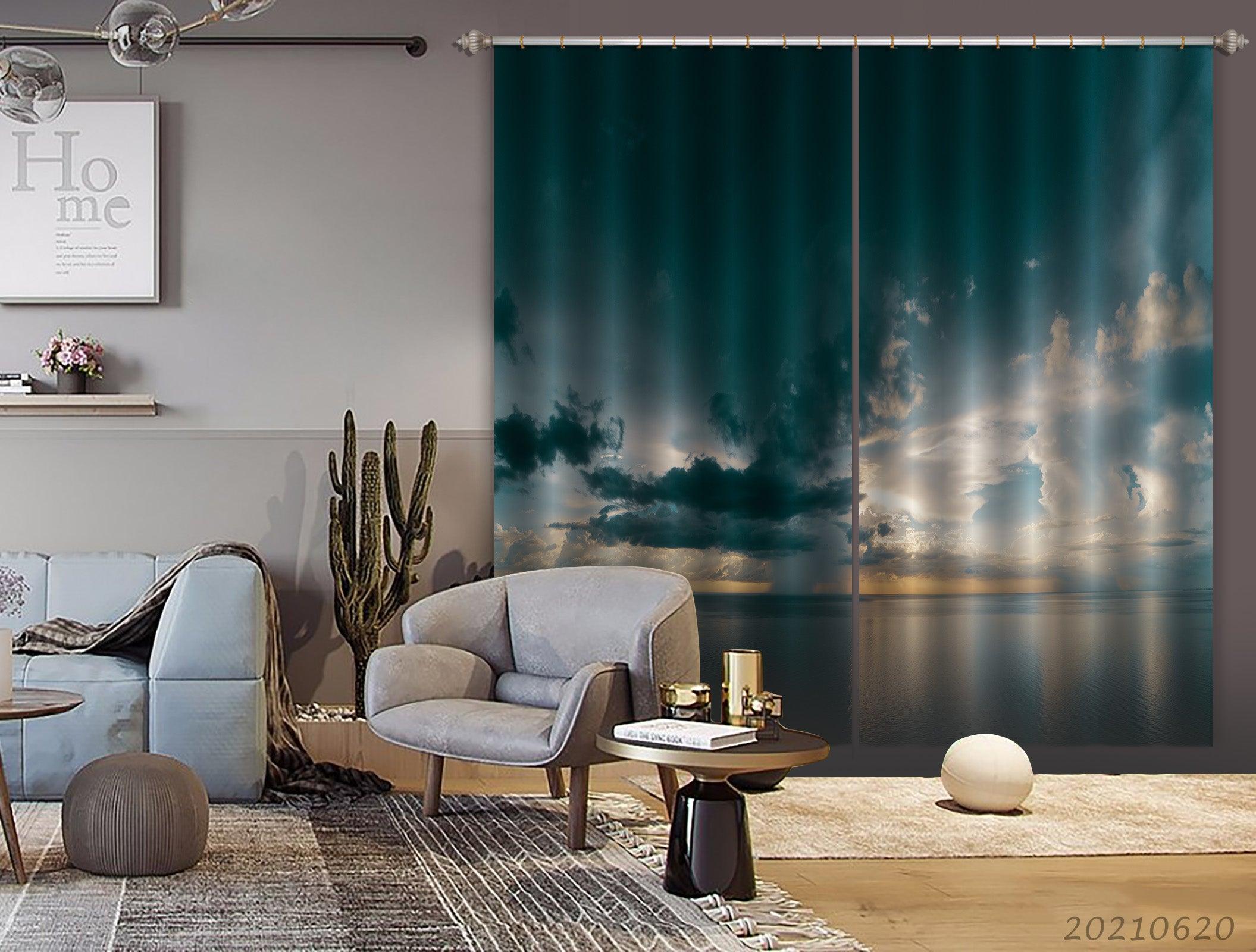 3D Calm Sea Dark Sky Clouds Skyline Curtains and Drapes GD 820- Jess Art Decoration