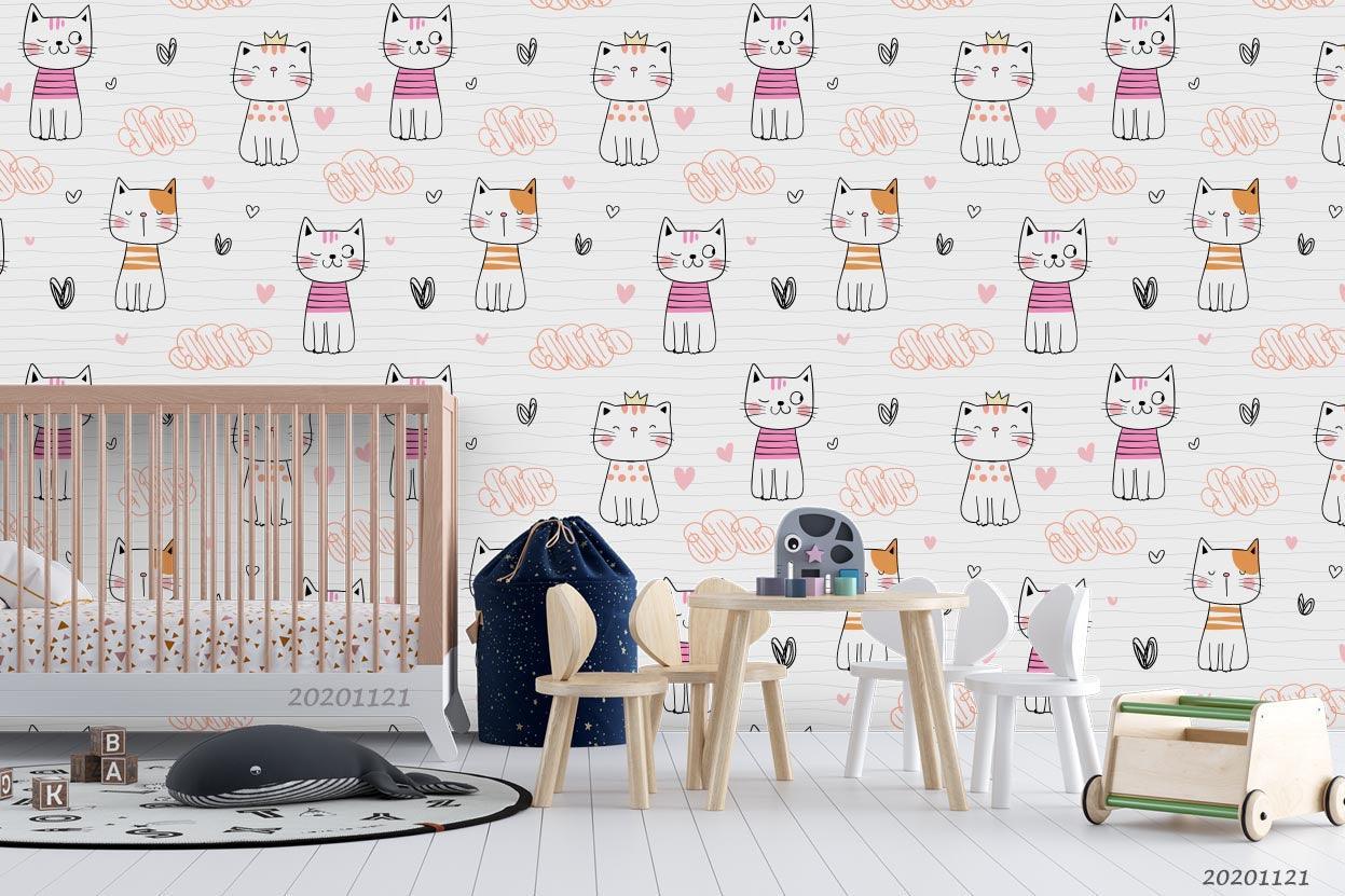 3D Cartoon Hand Drawn Colorful Cat Animal Heart Wall Mural Wallpaper LXL- Jess Art Decoration