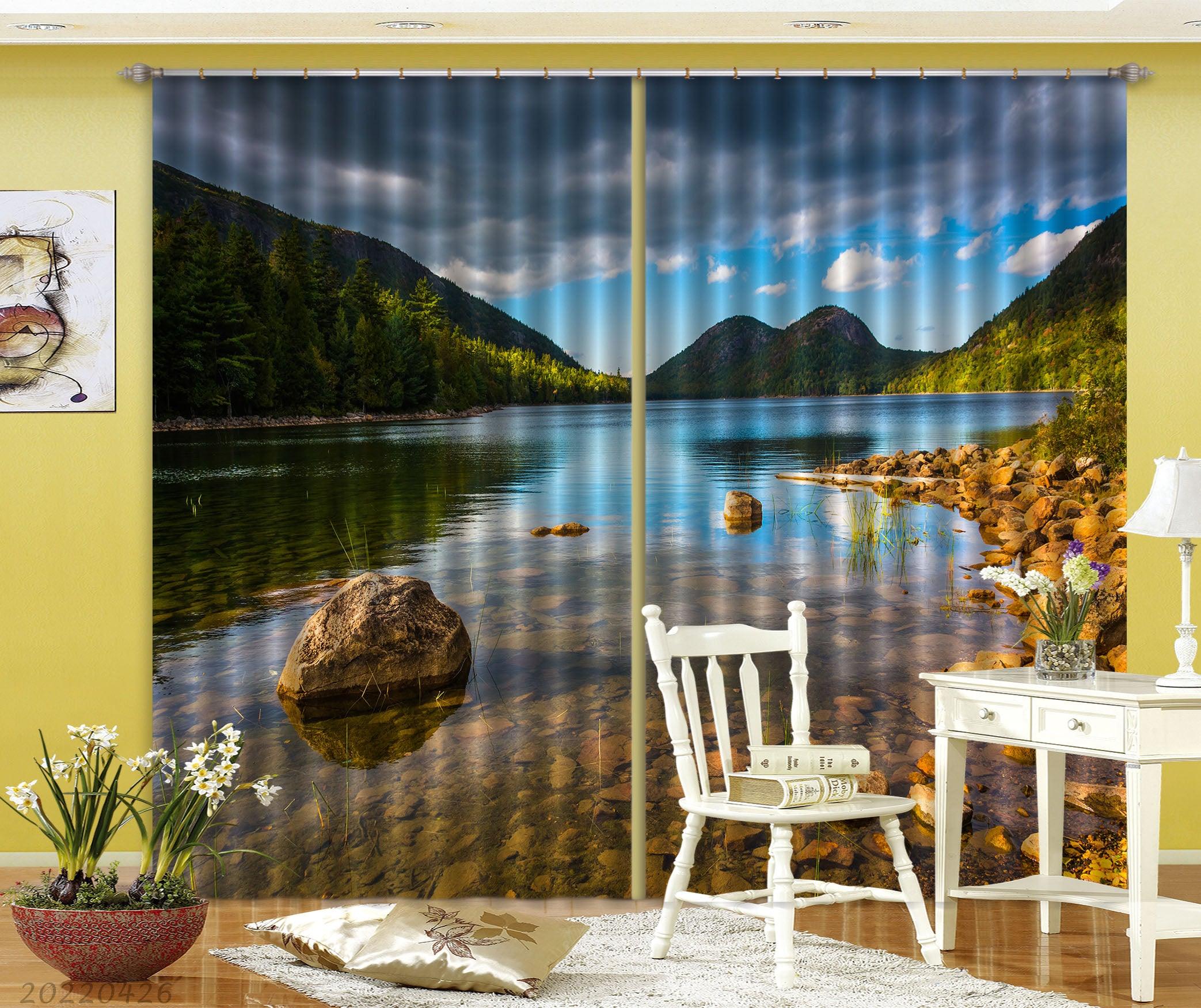3D Landscape Mountain River Stone Tree Curtains and Drapes GD 4926- Jess Art Decoration