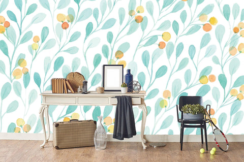 3D Yellow Floral Blue Leaves Wall Mural Wallpaper 06- Jess Art Decoration