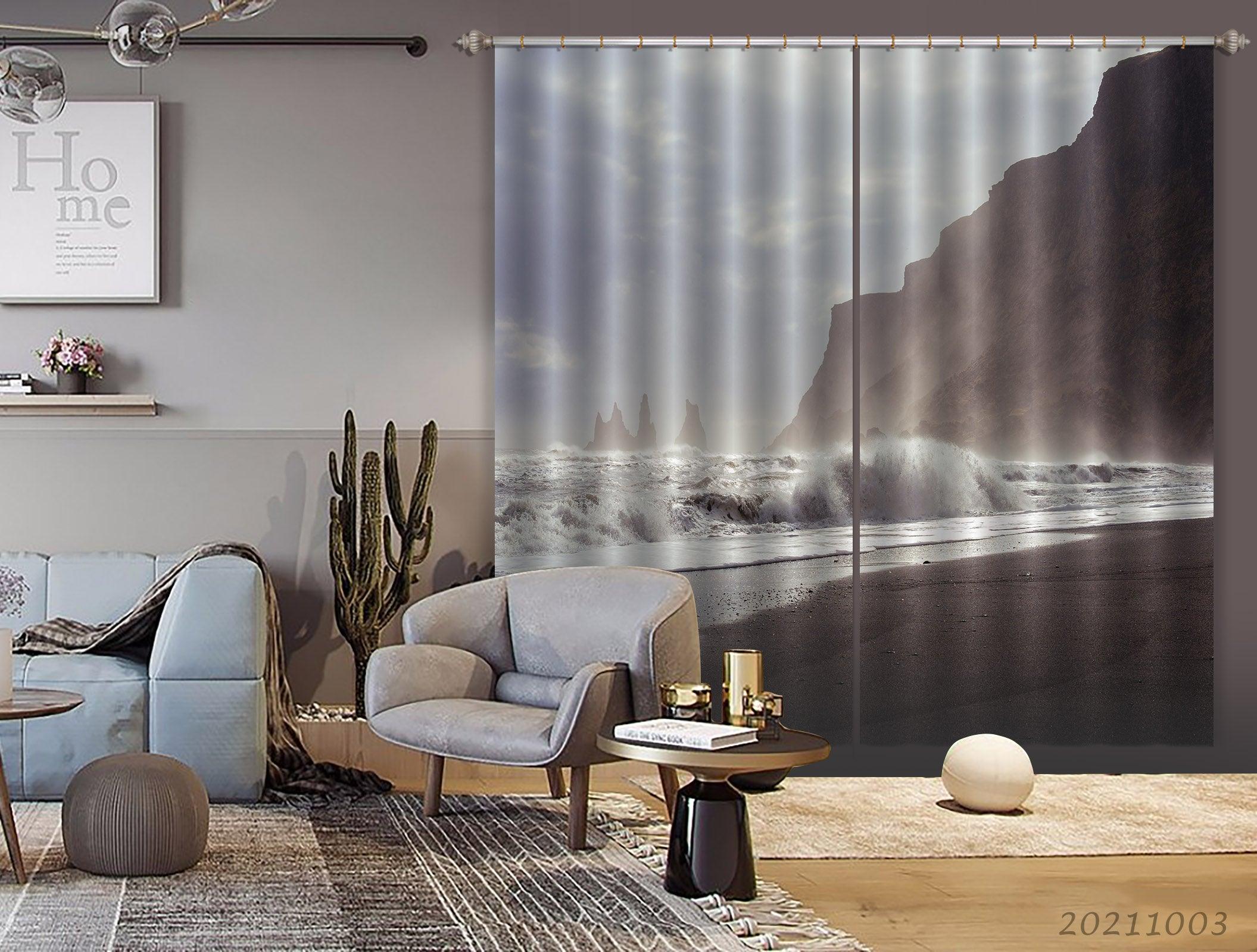 3D Sea Beach Rock Mountain Landscape Curtains and Drapes LQH 183- Jess Art Decoration
