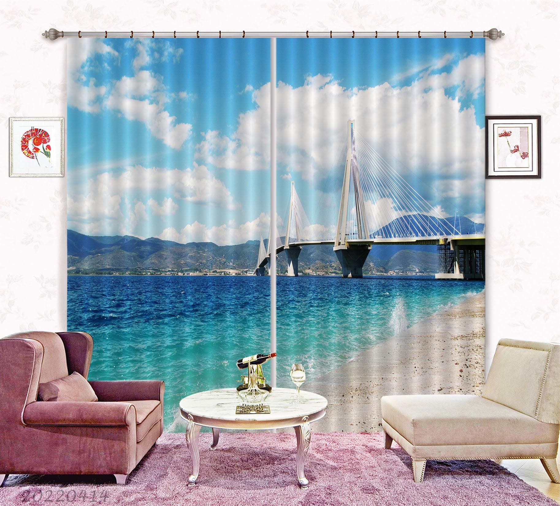 3D Landscape Sea Coast Bridge Mountain Curtains and Drapes GD 4157- Jess Art Decoration
