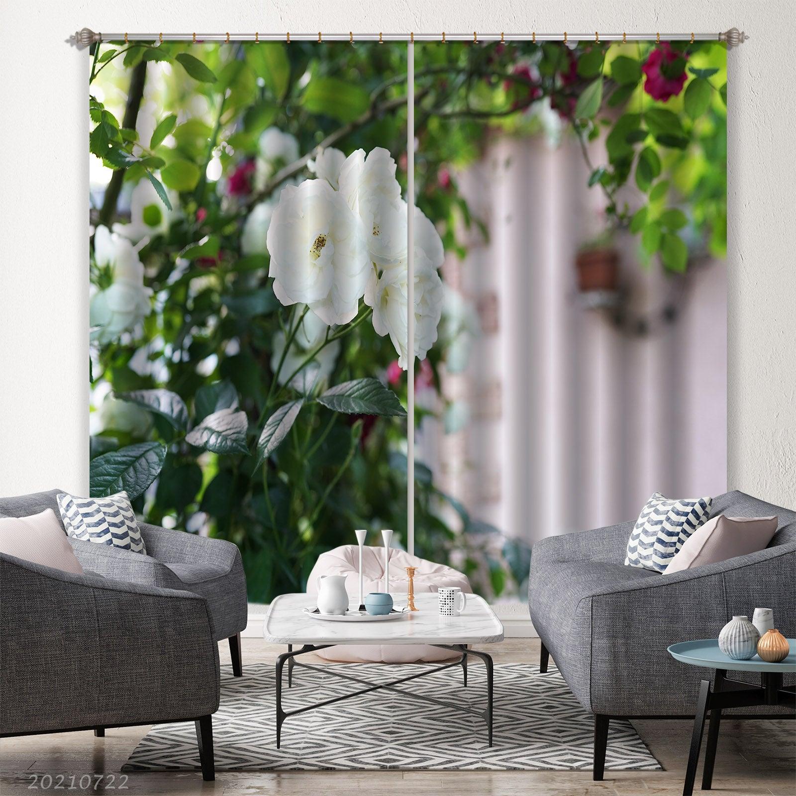 3D White Floral Green Leaves Curtains and Drapes LQH 289- Jess Art Decoration