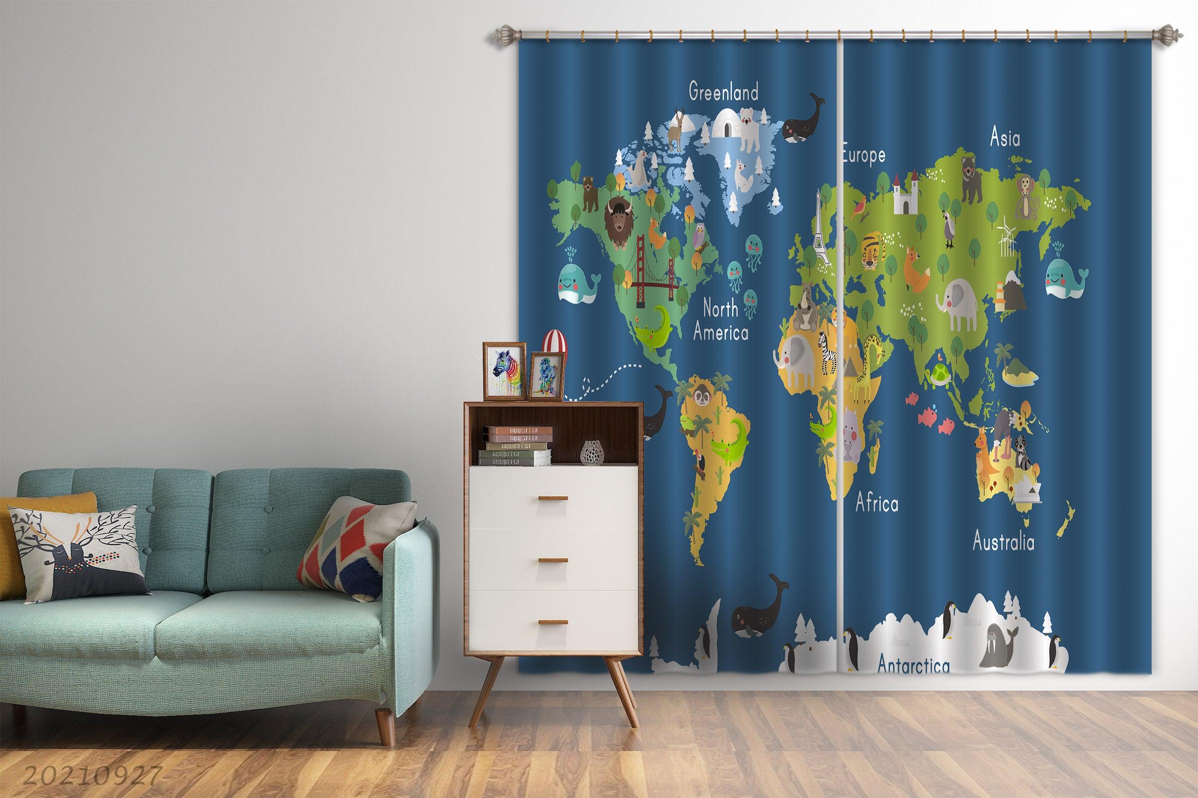 3D Blue World Map Kids Curtains and Drapes LQH 172- Jess Art Decoration