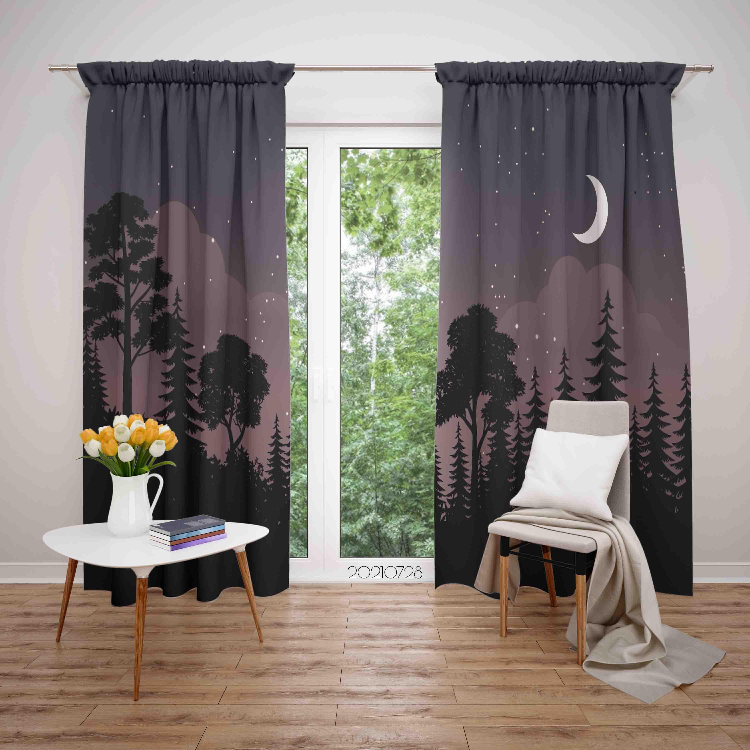 3D Night Sky Moon Forest Landscape Curtains and Drapes LQH 43- Jess Art Decoration