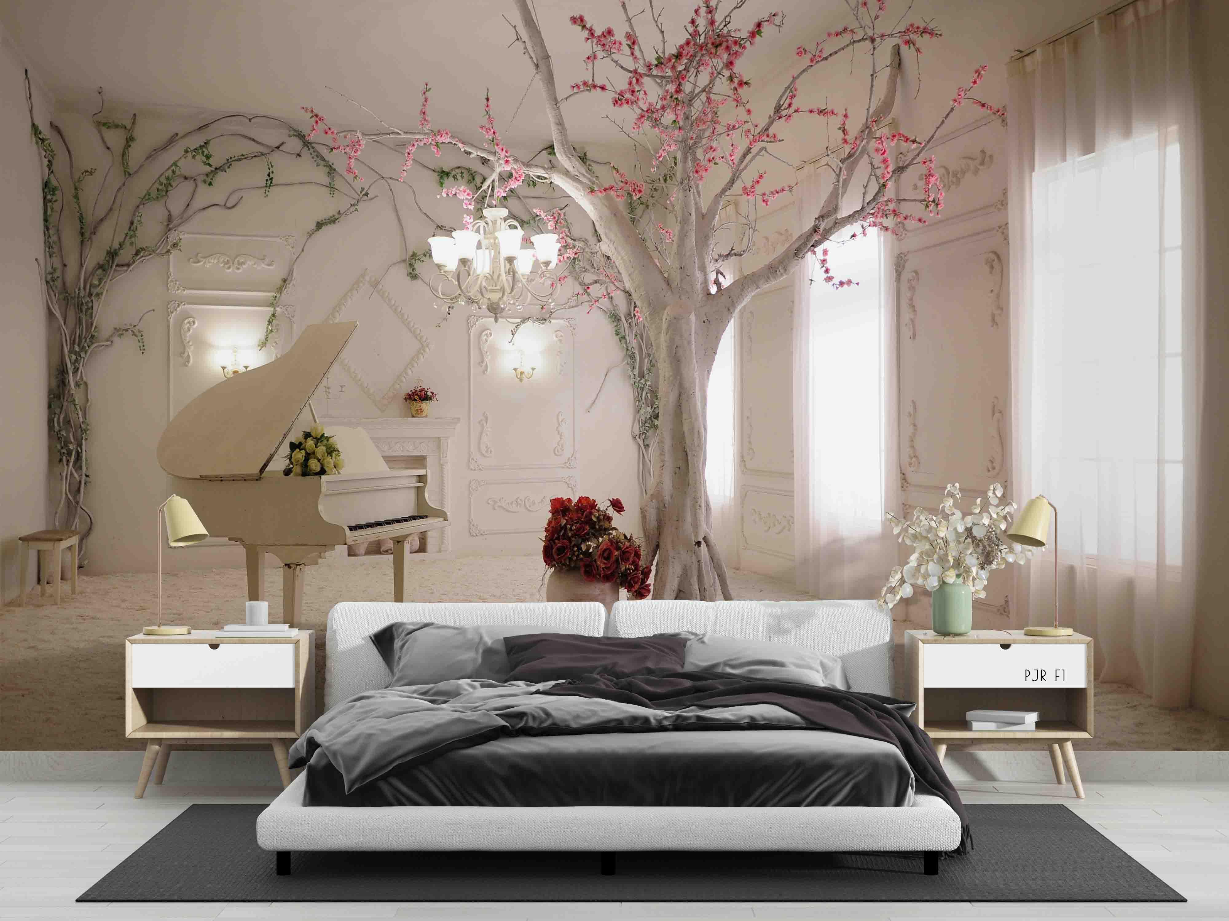 3D Room Piano Floral Tree Wall Mural Wallpaper LQH 15- Jess Art Decoration
