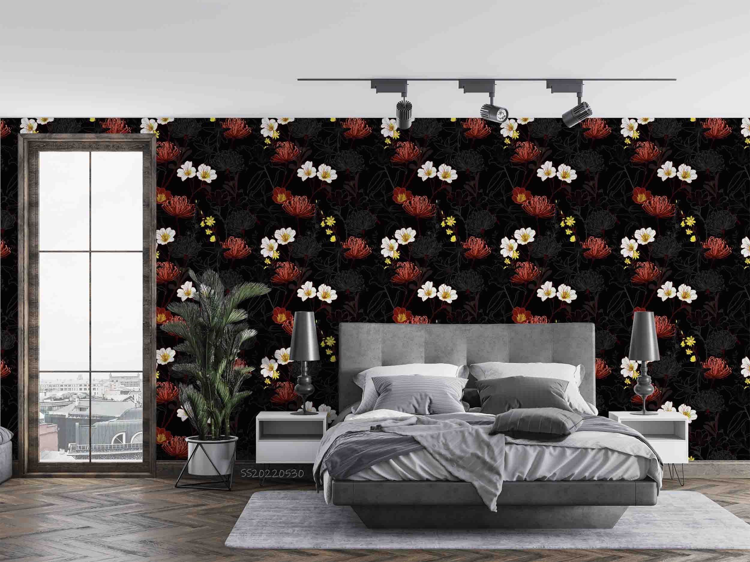 3D Vintage Floral Black Background Wall Mural Wallpaper GD 73- Jess Art Decoration