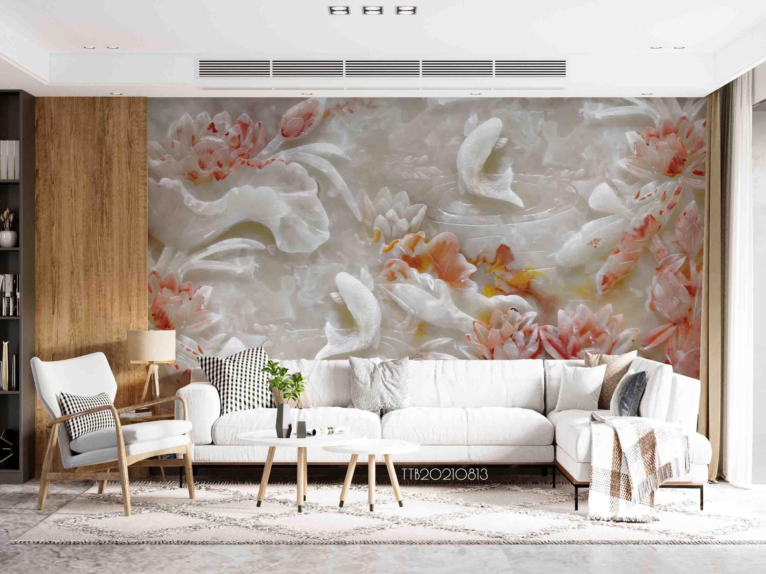 3D Marble Relief Lotus Carp Wall Mural WallpaperSWW5121- Jess Art Decoration