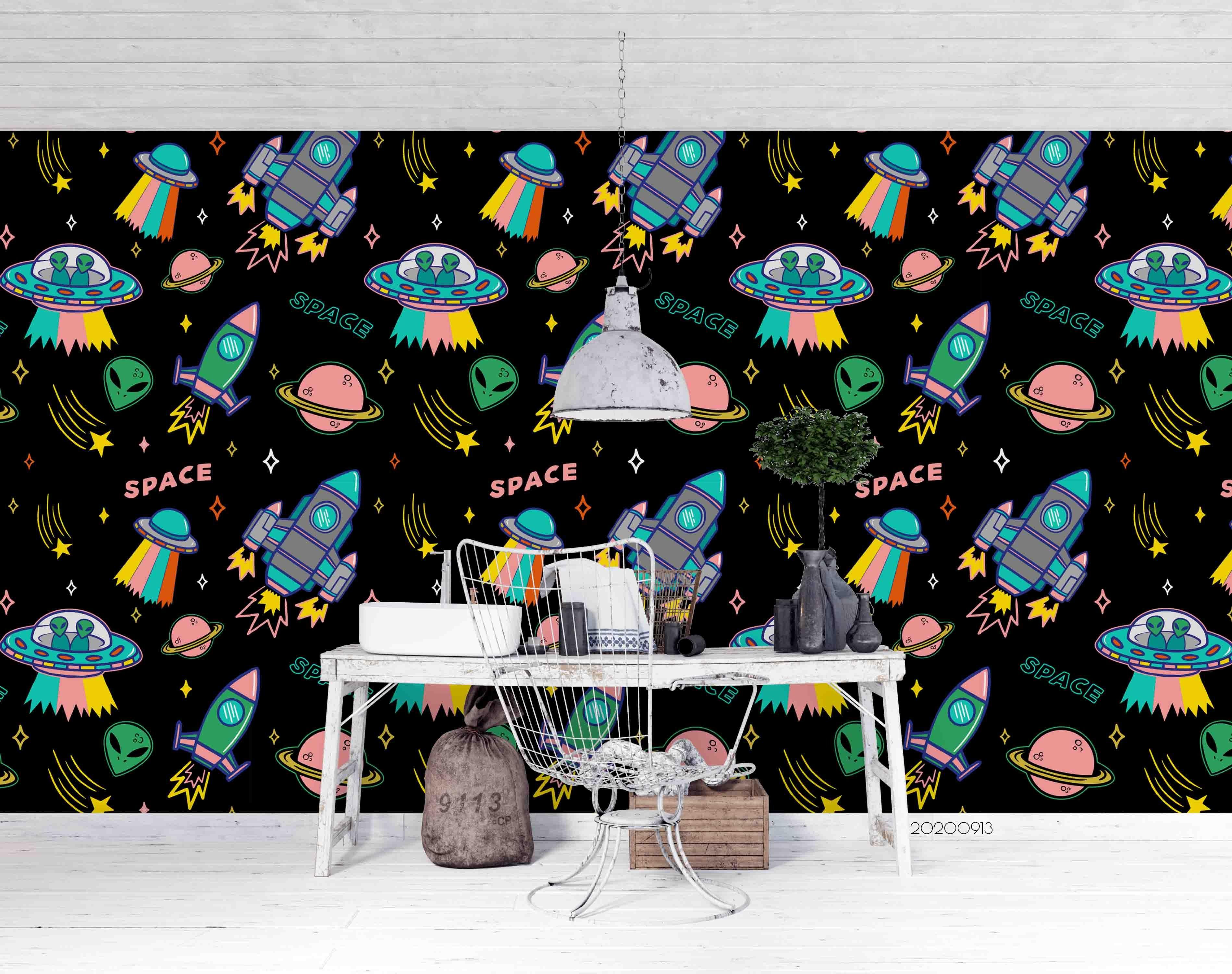 3D UFO Cartoon Space Alien Rocket Planet Wall Mural Wallpaper LXL- Jess Art Decoration