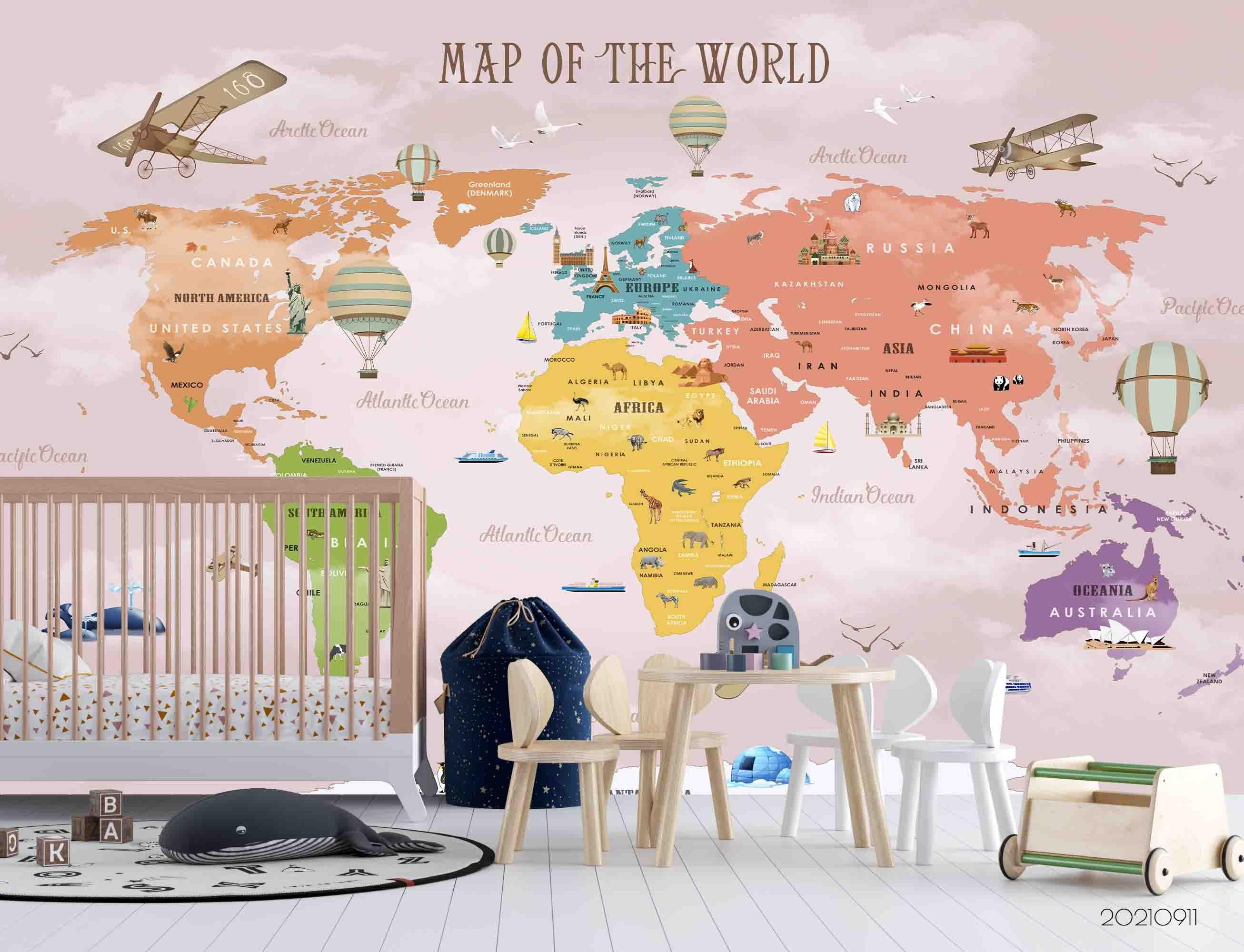 3D Color World Map Airplane Kids Wall Mural Wallpaper LQH 716- Jess Art Decoration