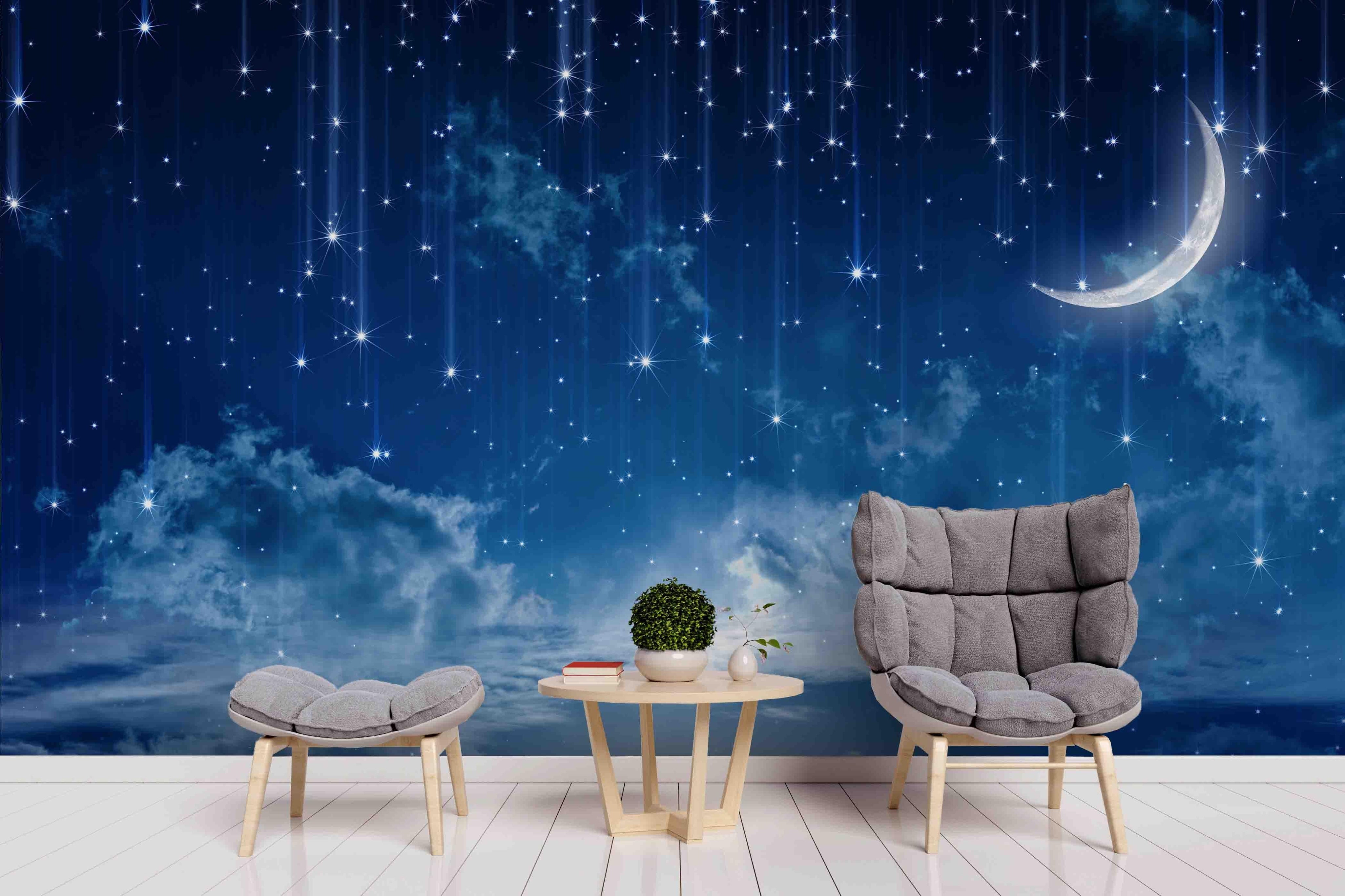 3D Blue Night Sky Star Moon Wall Mural Wallpaper LQH 79- Jess Art Decoration