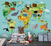 3D Cartoon Green Animal World Map Wall Mural Wallpaper LQH 93- Jess Art Decoration