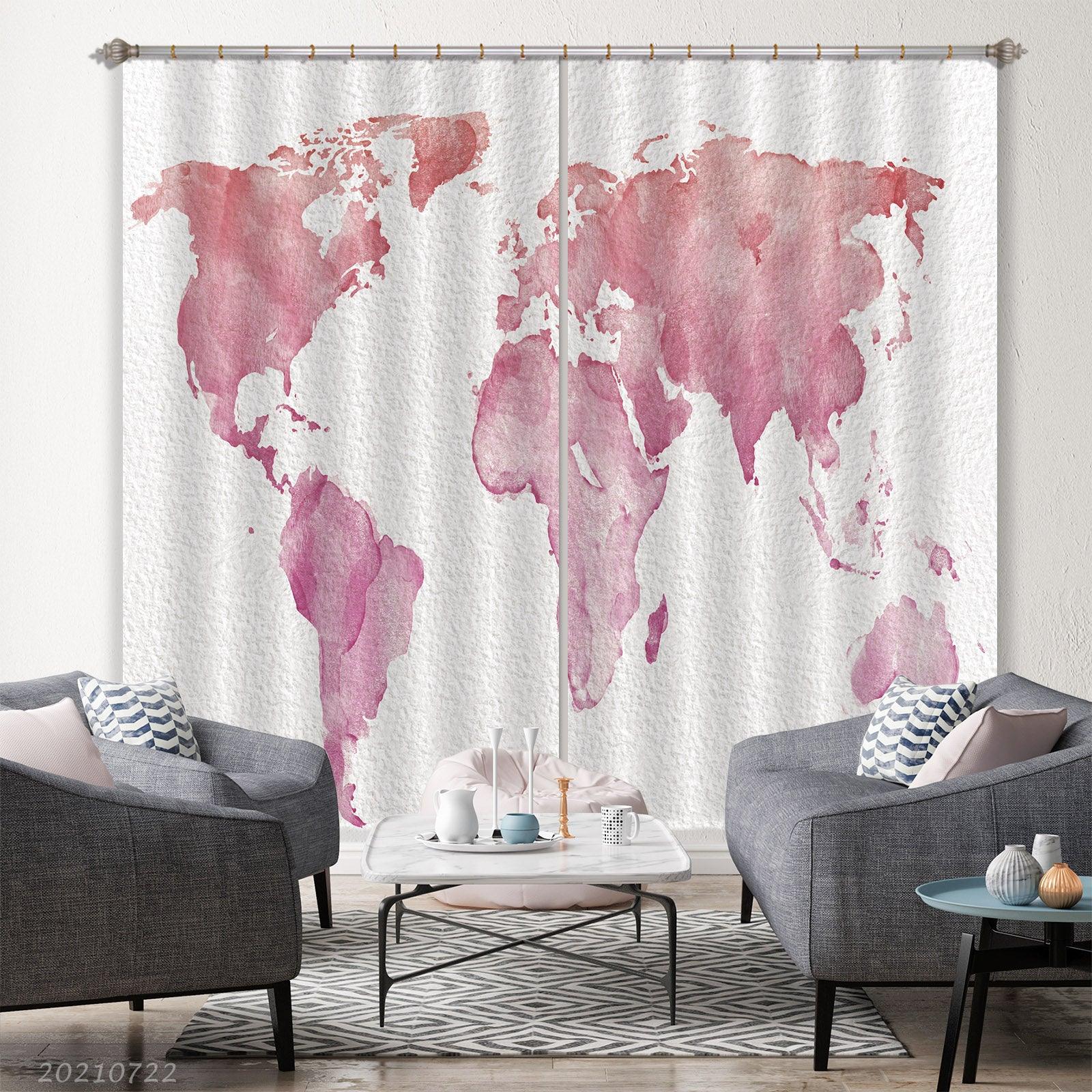 3D Watercolor Pink Map Curtains and Drapes LQH 548- Jess Art Decoration