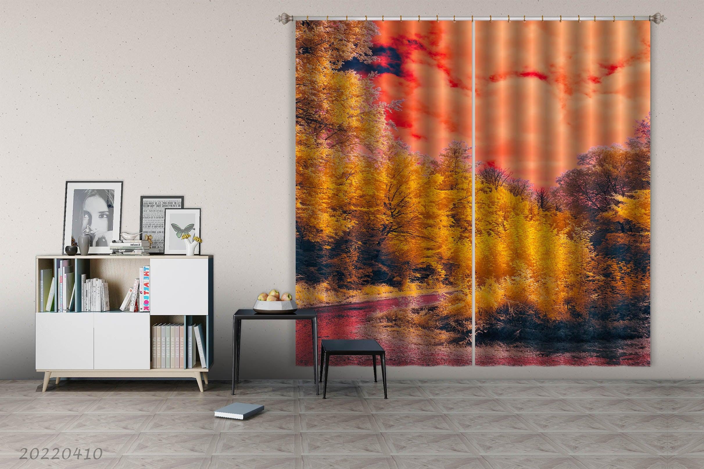 3D Autumn Woods Golden Leaf Colorful Sky Curtains and Drapes GD 3784- Jess Art Decoration